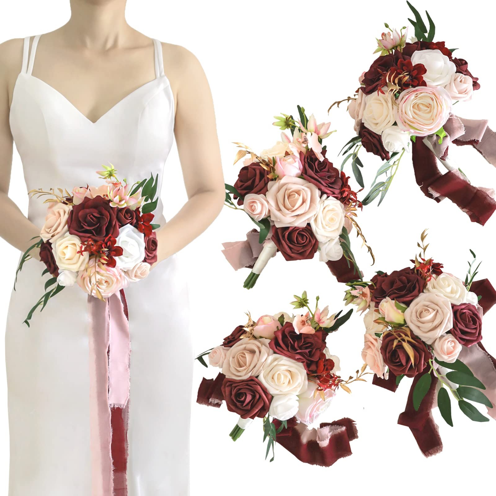 Set of 4 Bridesmaid Bouquet for Wedding 7 Inch Artificial Flowers Bouquet Wed…
