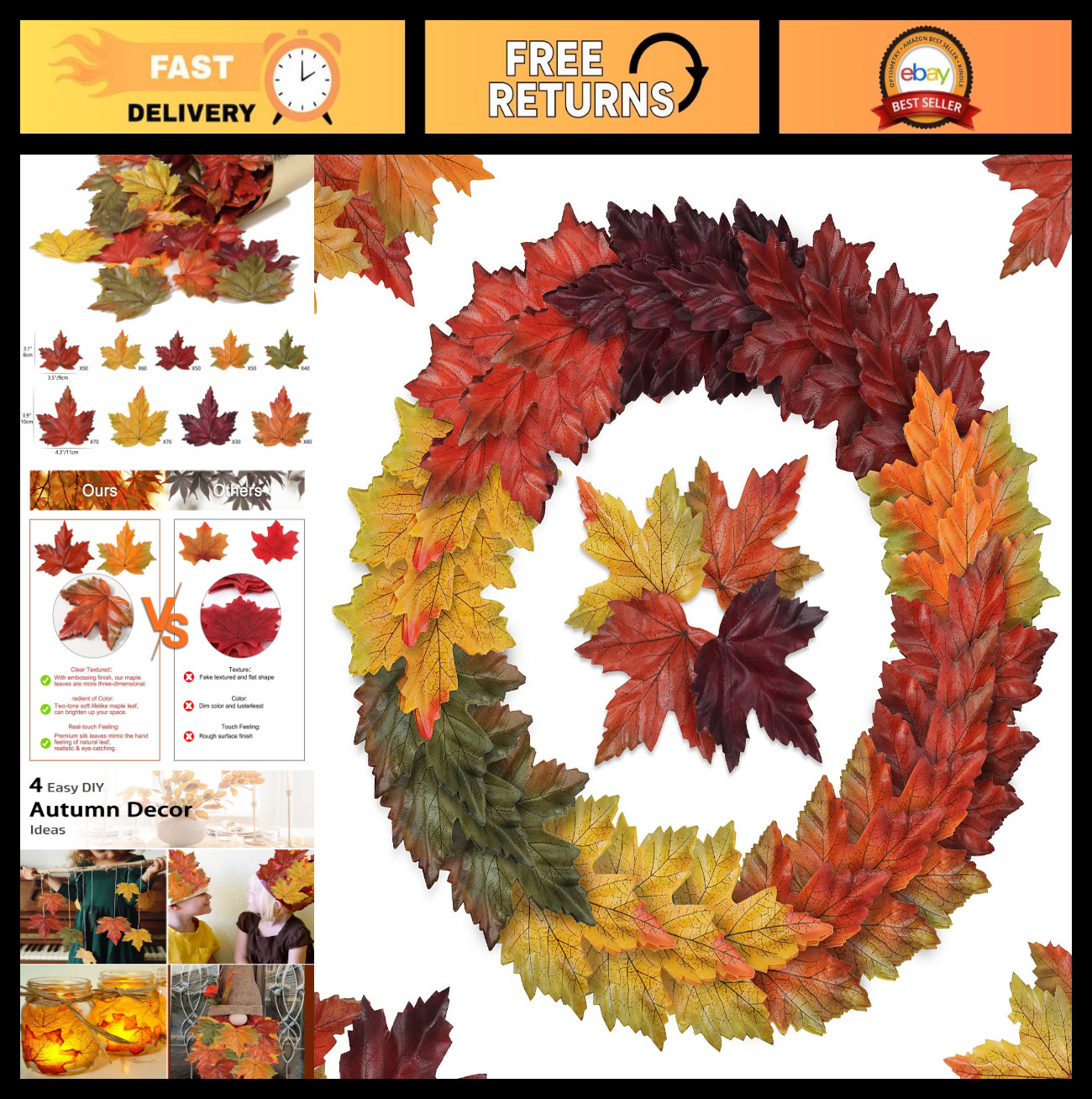 500PCS Multicolored Artificial Maple Leaves – Fall Silk Decorations for Wedding,