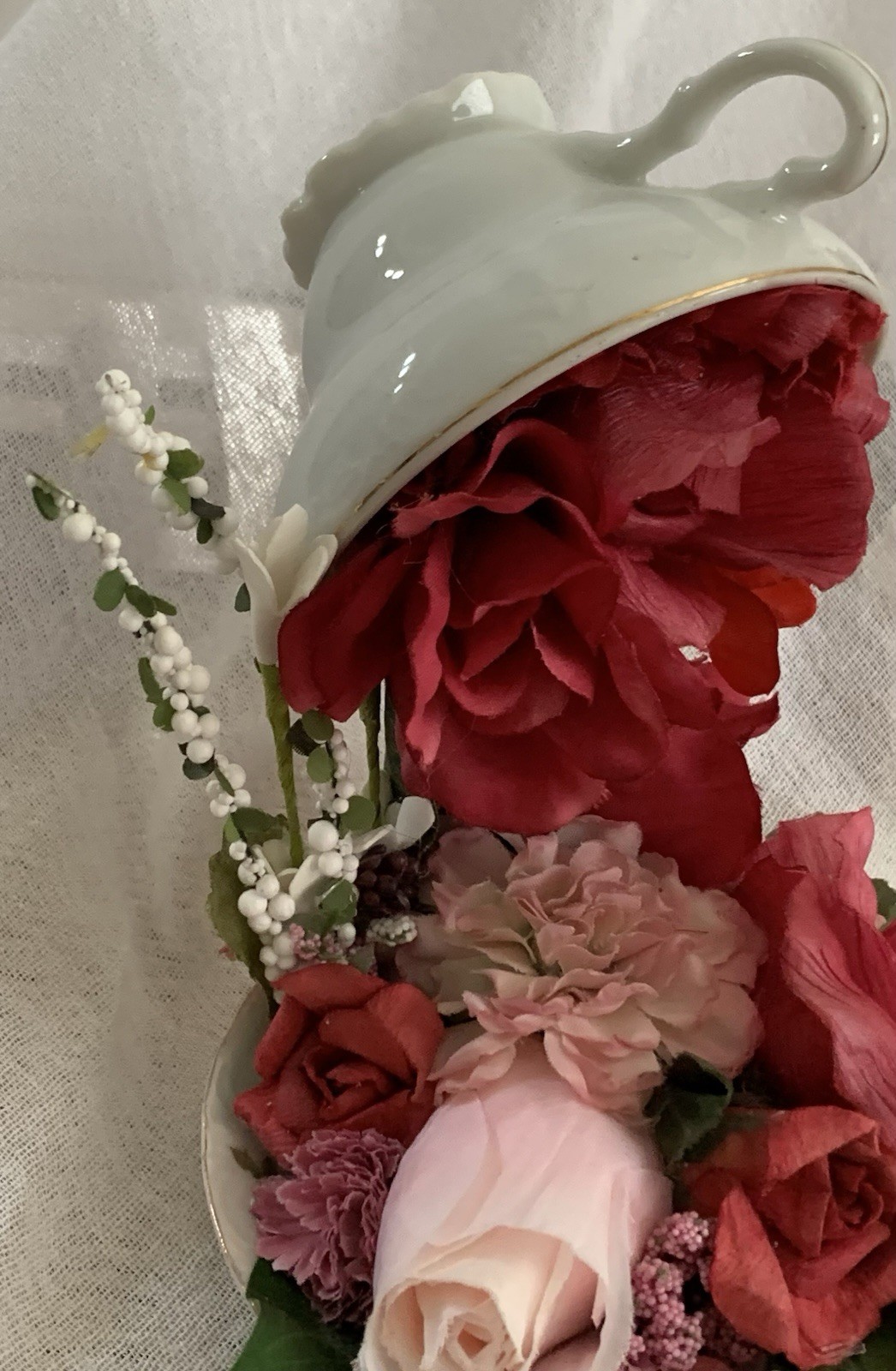 Mystical FLOATING PORCELAIN TEACUP/ARTIST MADE OOAK/Red & Pink FLORAL CASCADES/