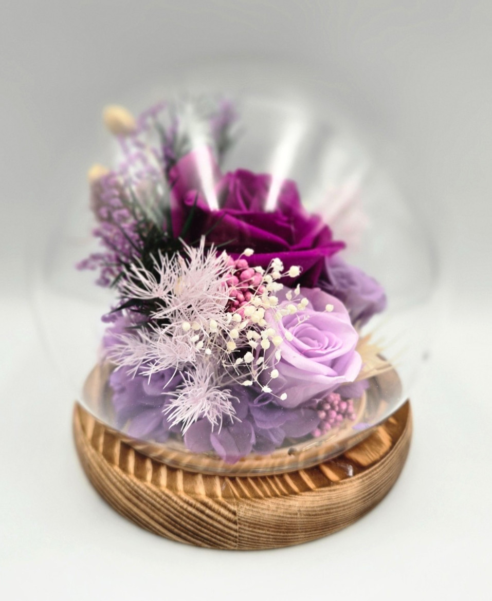 Preserved Roses in Glass Dome with Wooden Base With Light, Purple
