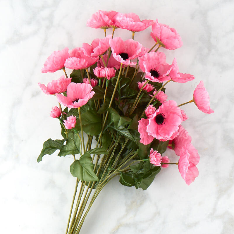 Factory Direct Craft Colorful Pink Poly Silk Poppy Floral Bush