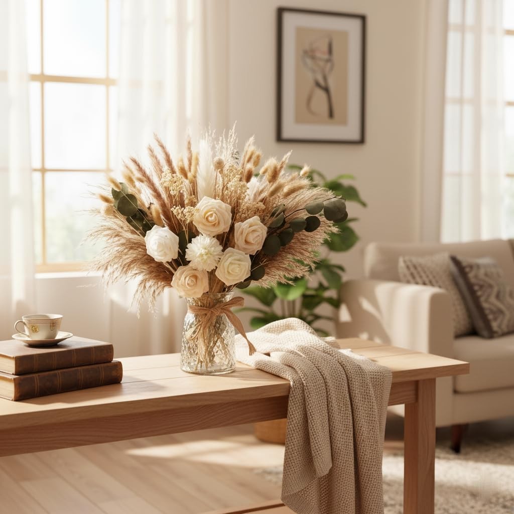 Indoor Artificial Dried Flowers with Vase for Table Top Decor,Natural Dried P…
