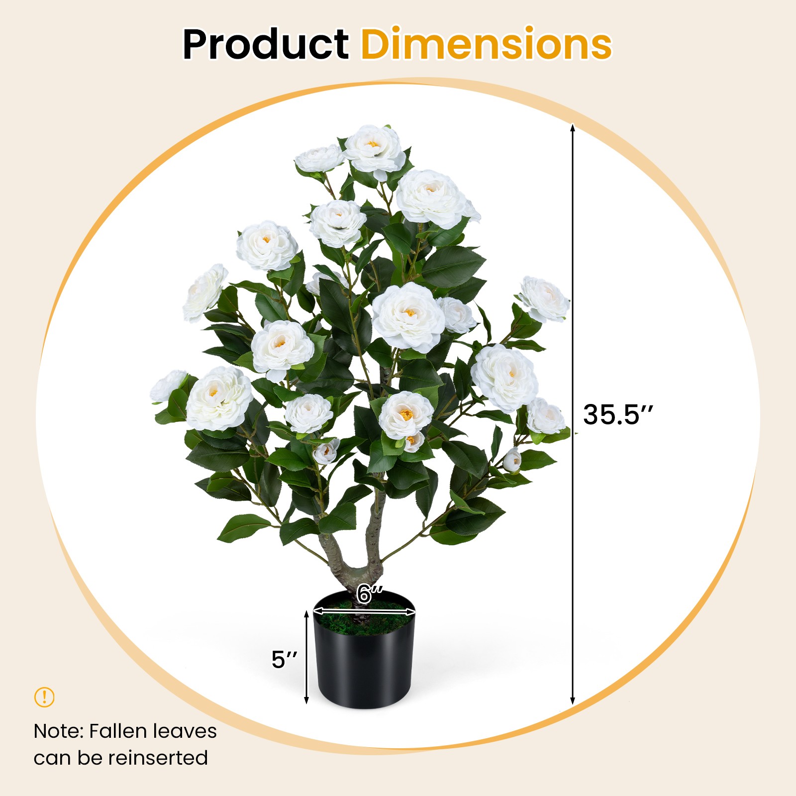 Artificial Camellia Tree, 35.5″ Faux Flower Plant in Cement-Filled Pot for Home