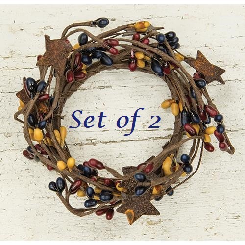 NEW PRIMITIVE FARMHOUS 2″ Pip Berry Candle Ring BURGUNDY NAVY TAN 2 PC W/STARS