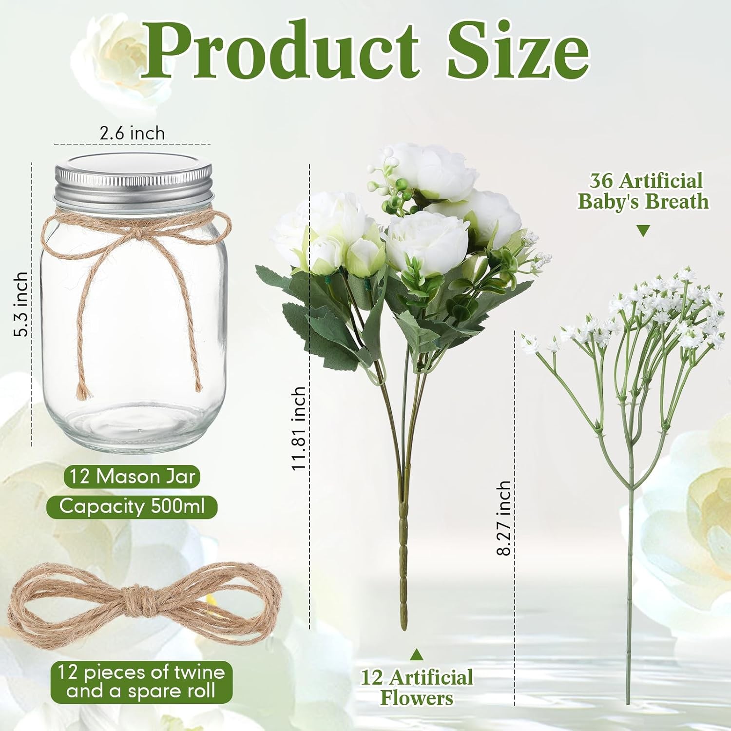 12 Sets Mason Jar Centerpiece Table Decorations Artificial Peony Baby’s Breath