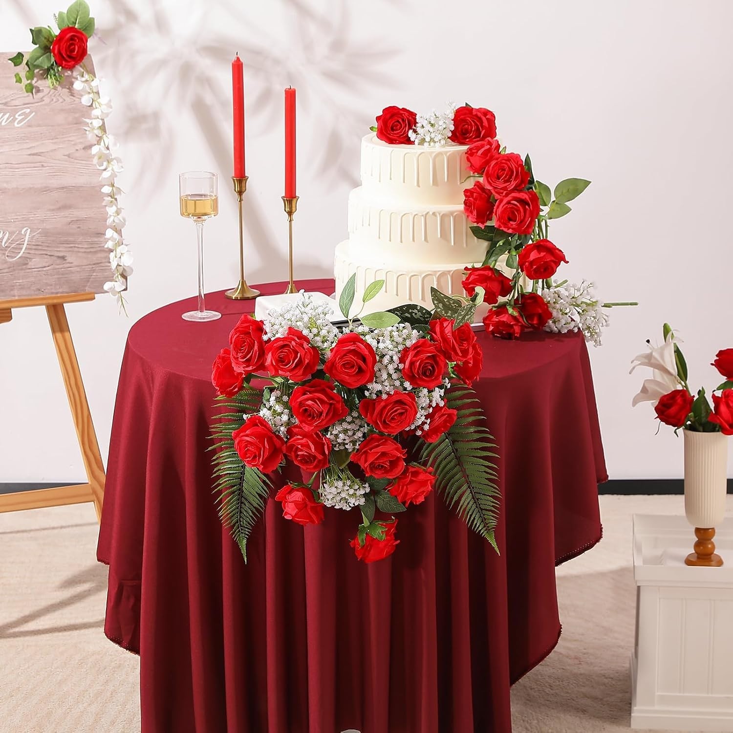 Realistic Red Roses 12PCS Silk Flowers with Bendable Stems for Home Decoration