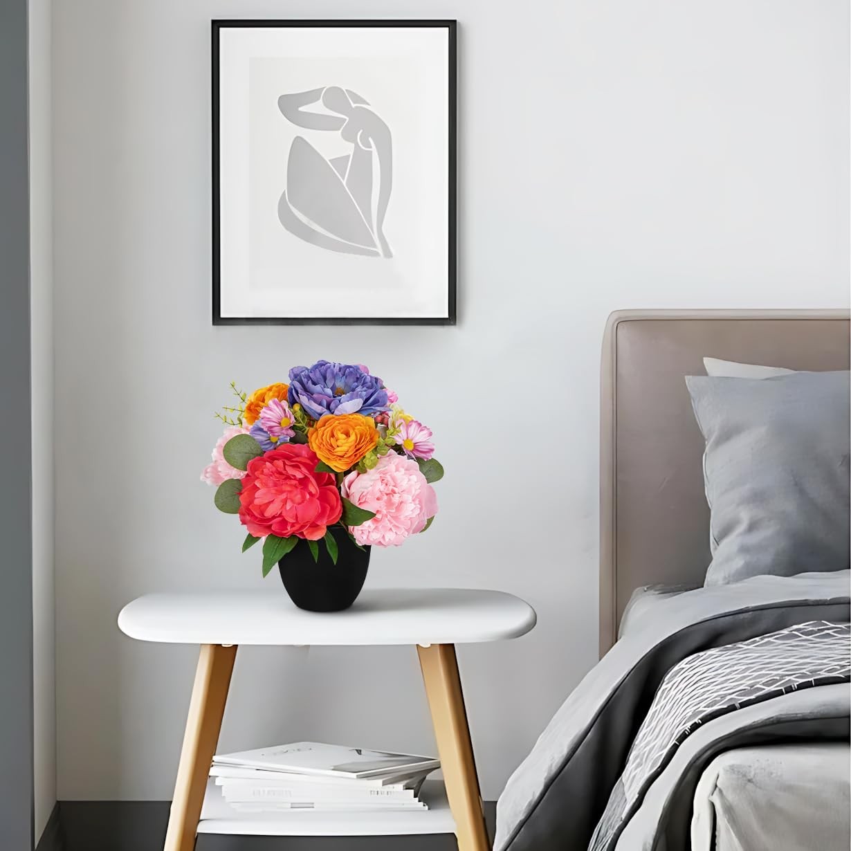 Artificial Peonies Flower in Modern Black Pot, Farmhouse Table Floral Arrange…