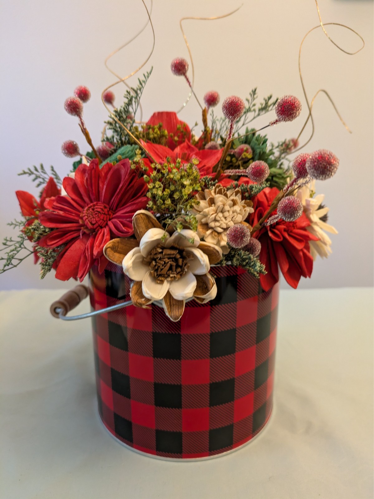 Sola Wood flowers large Christmas arrangement in red plaid tin can- hand made