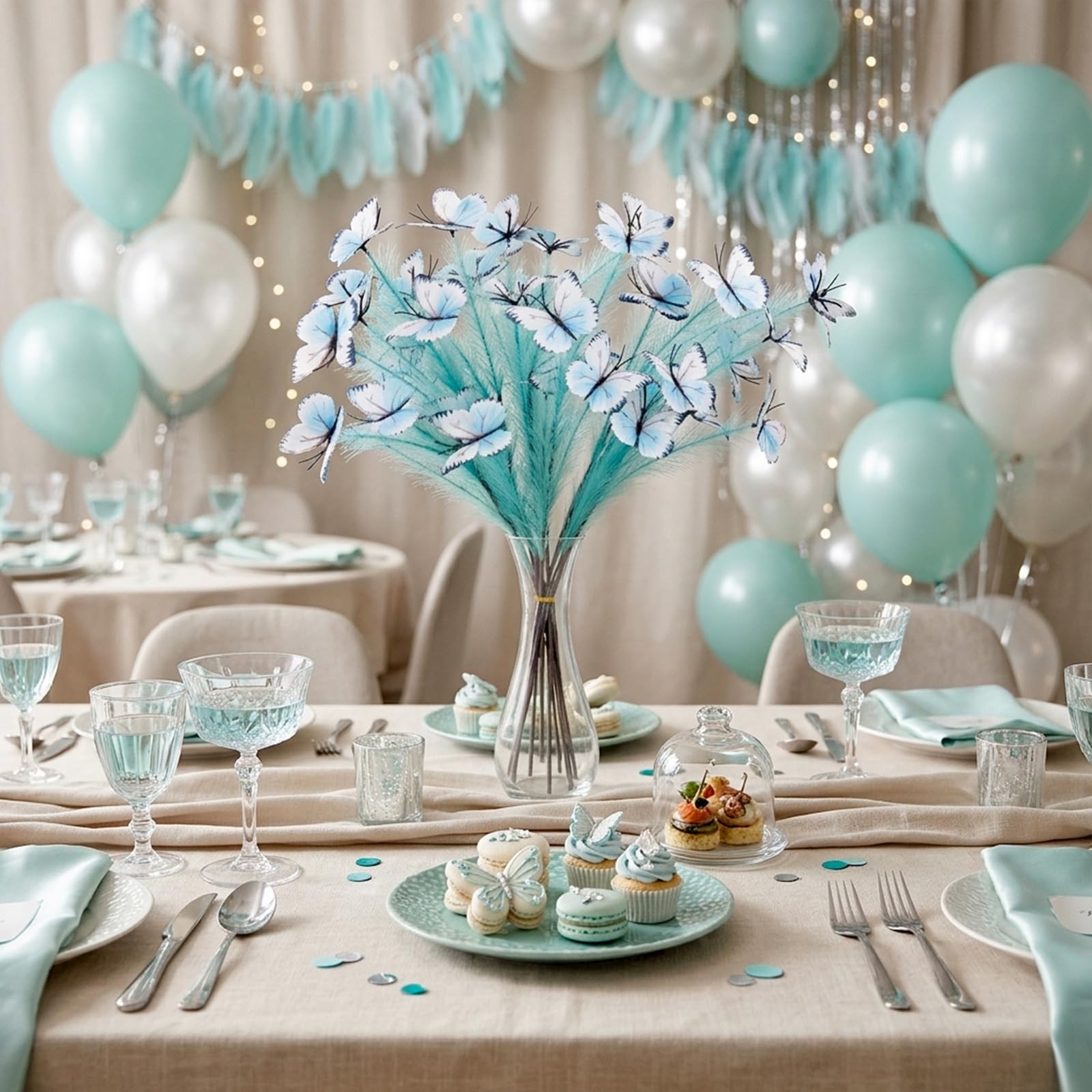 10 Stems Faux Pampas Grass with Butterfly Decorations, Lake Blue Tall Fluffy …