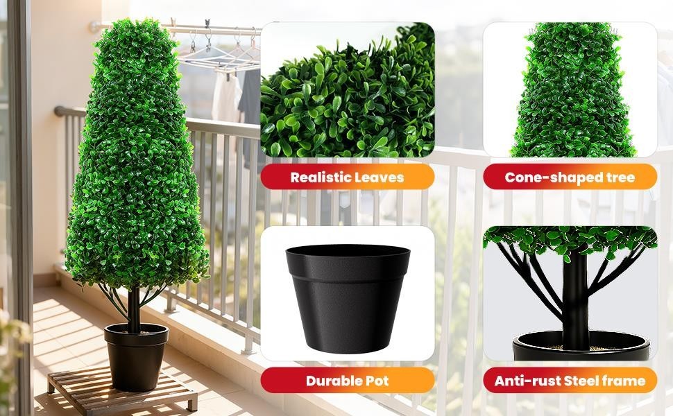 2PCS 4FT Fake Boxwood Topiary Trees Potted Plants with Black Planter for Home