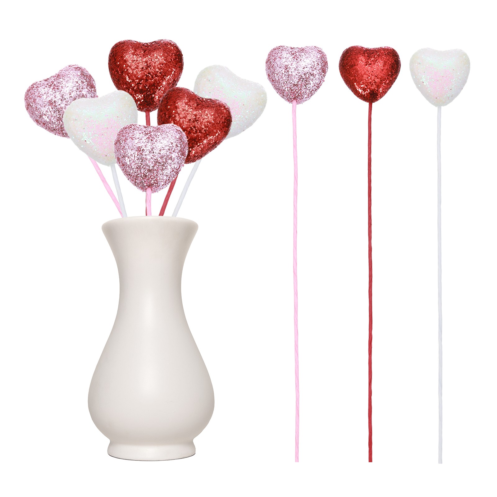 6 Pcs Glitter Heart Shaped Picks Foam Hearts Stick (Red/Pink/White, 3cm x 21cm)