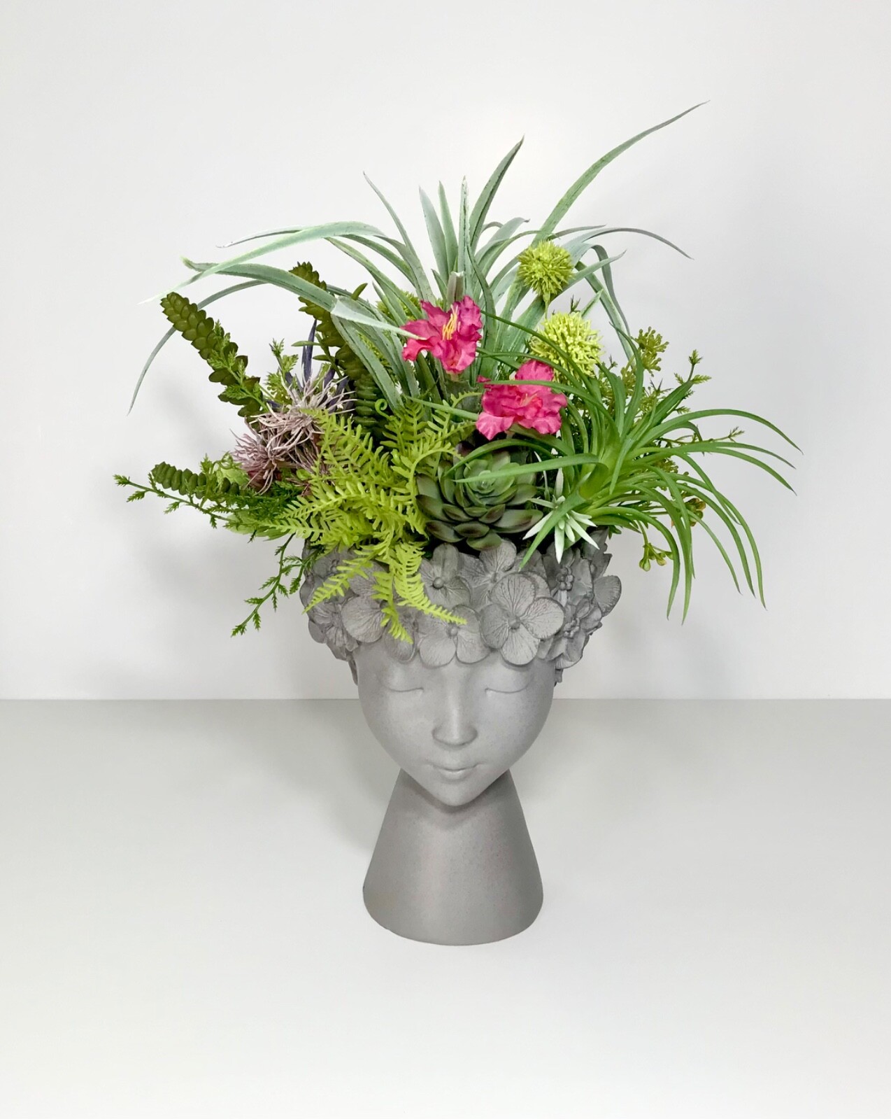 FAIRY GODDESS HEAD VASE FAUX BLOOMING CACTUS SUCCULENTS ARRANGEMENT GIFT NEW