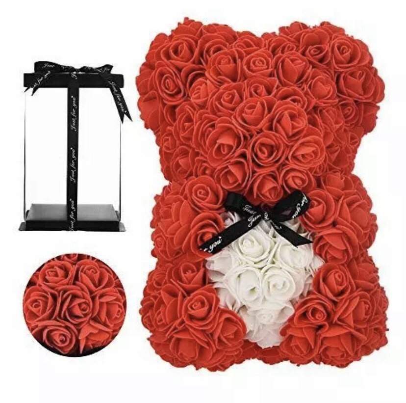 Red Rose Teddy Bear Gift “Just For You” New, Open Box Foam Flowers Cute!