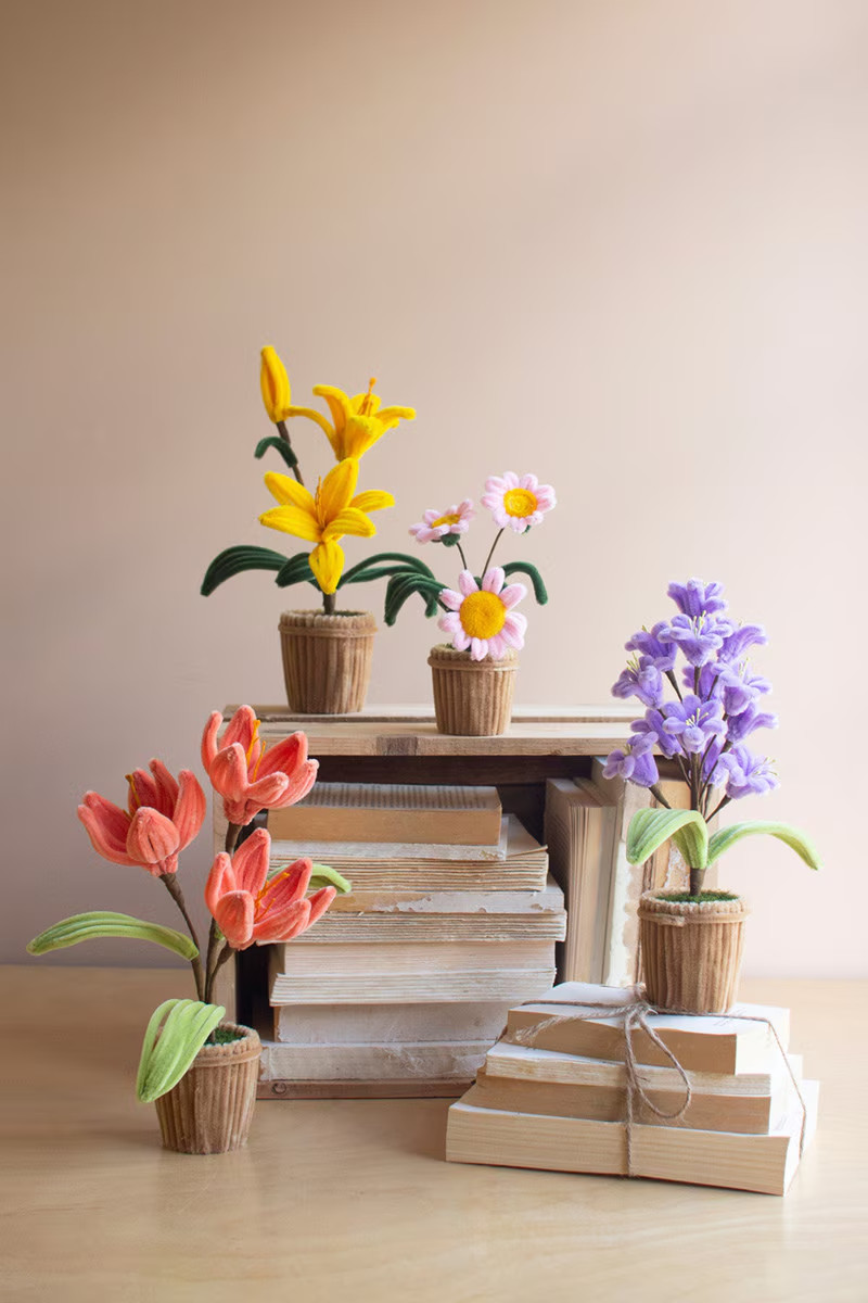 Set Of 4 Pipe Cleaner Potted Flowers Brings Colorful Charm To Any Space or Room