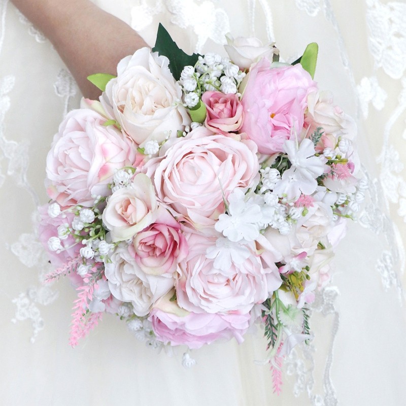 Artificial White/Pink Flower Bouquet with Green Leaves Fake Silk Floral