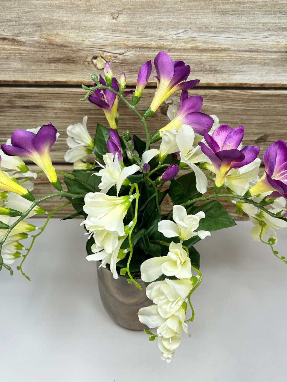 15″ Silk White & Purple FREESIA flowers in 5″ rustic Silver Metal Pot, handmade