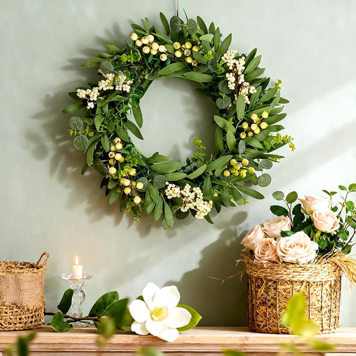 3 PCS Artificial Green Eucalyptus Wreaths for Front Door Spring Summer Greene…