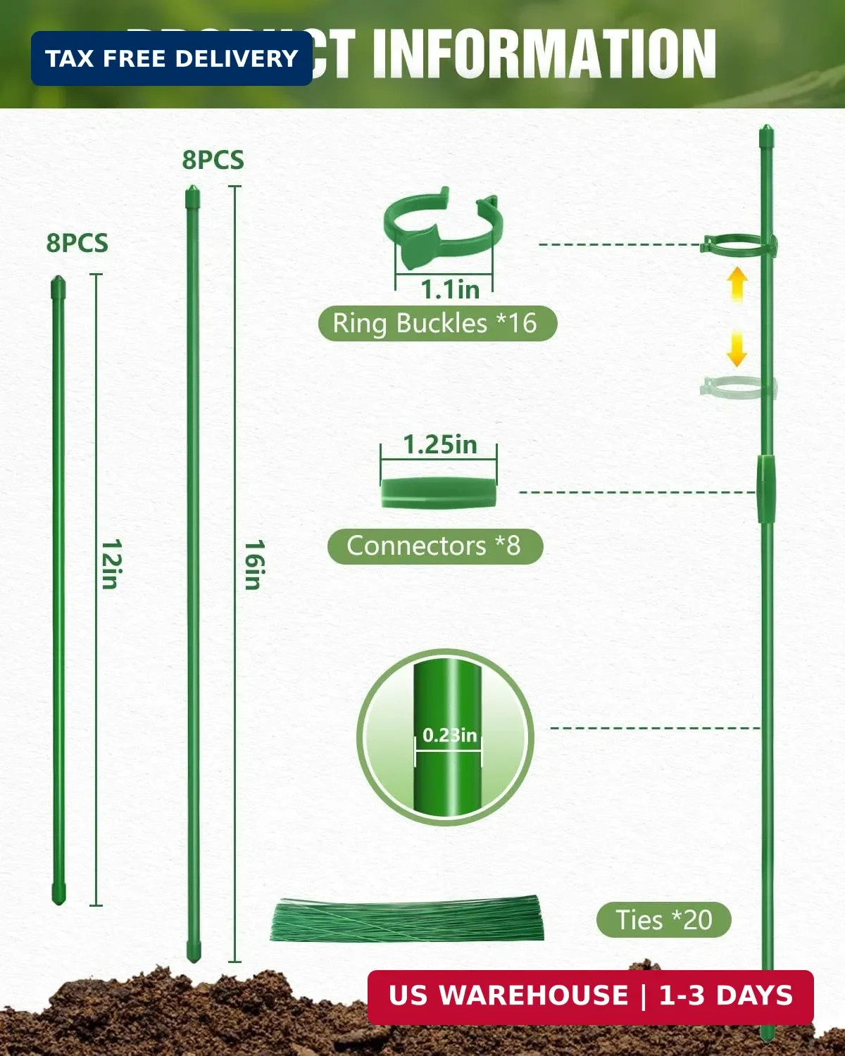 16 Pack 12 & 16 Inch Plant Support Stakes for Indoor & Garden | Adjustable heigh