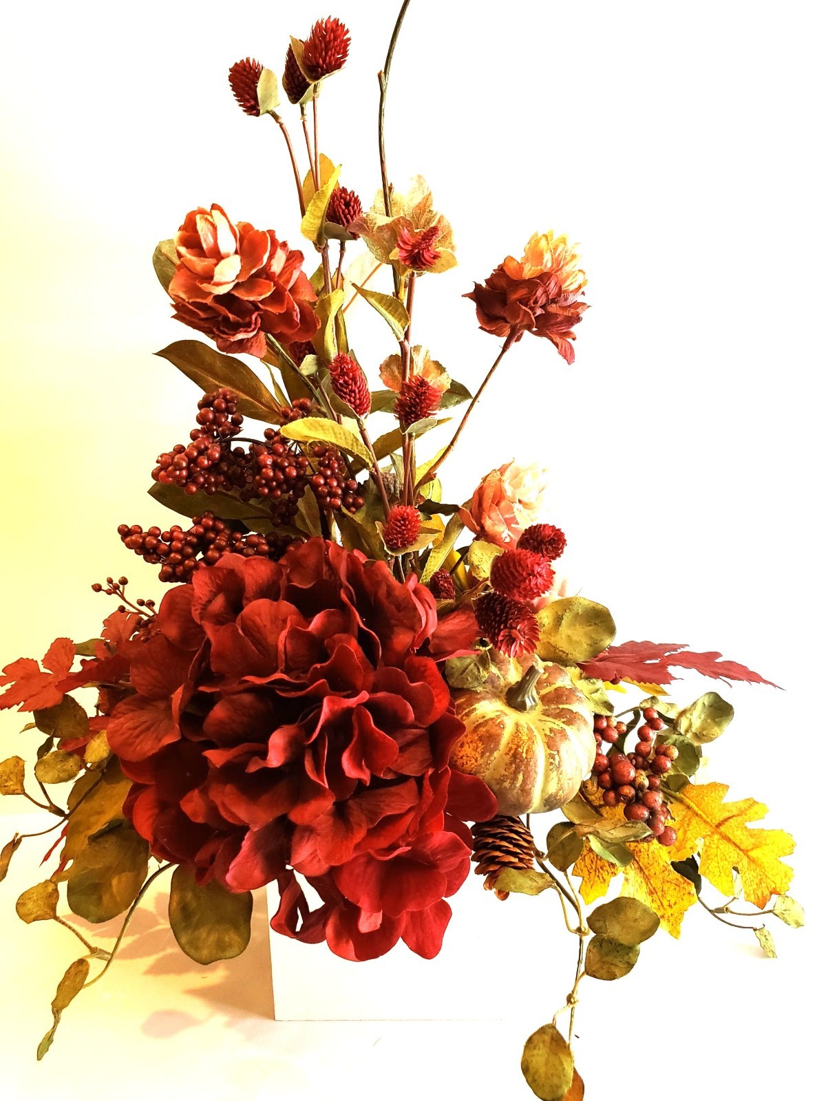 Fall Floral Arrangement, Burgundy Red Hydrangea Pumpkin Decor