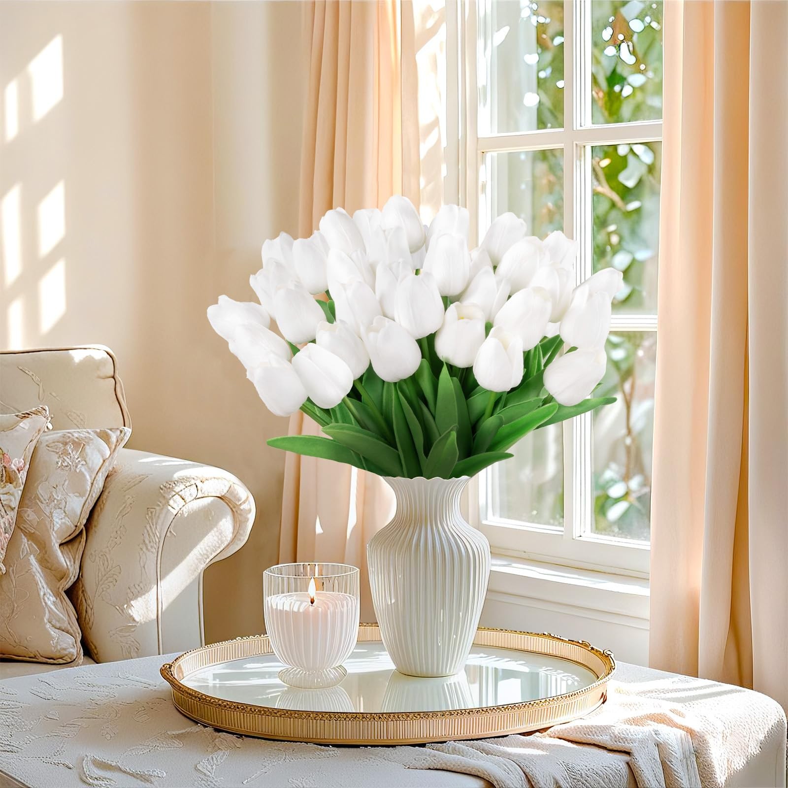 30Pcs Fake Tulips Artificial Flowers with Stems Faux Tulips Bouquet Real Touc…
