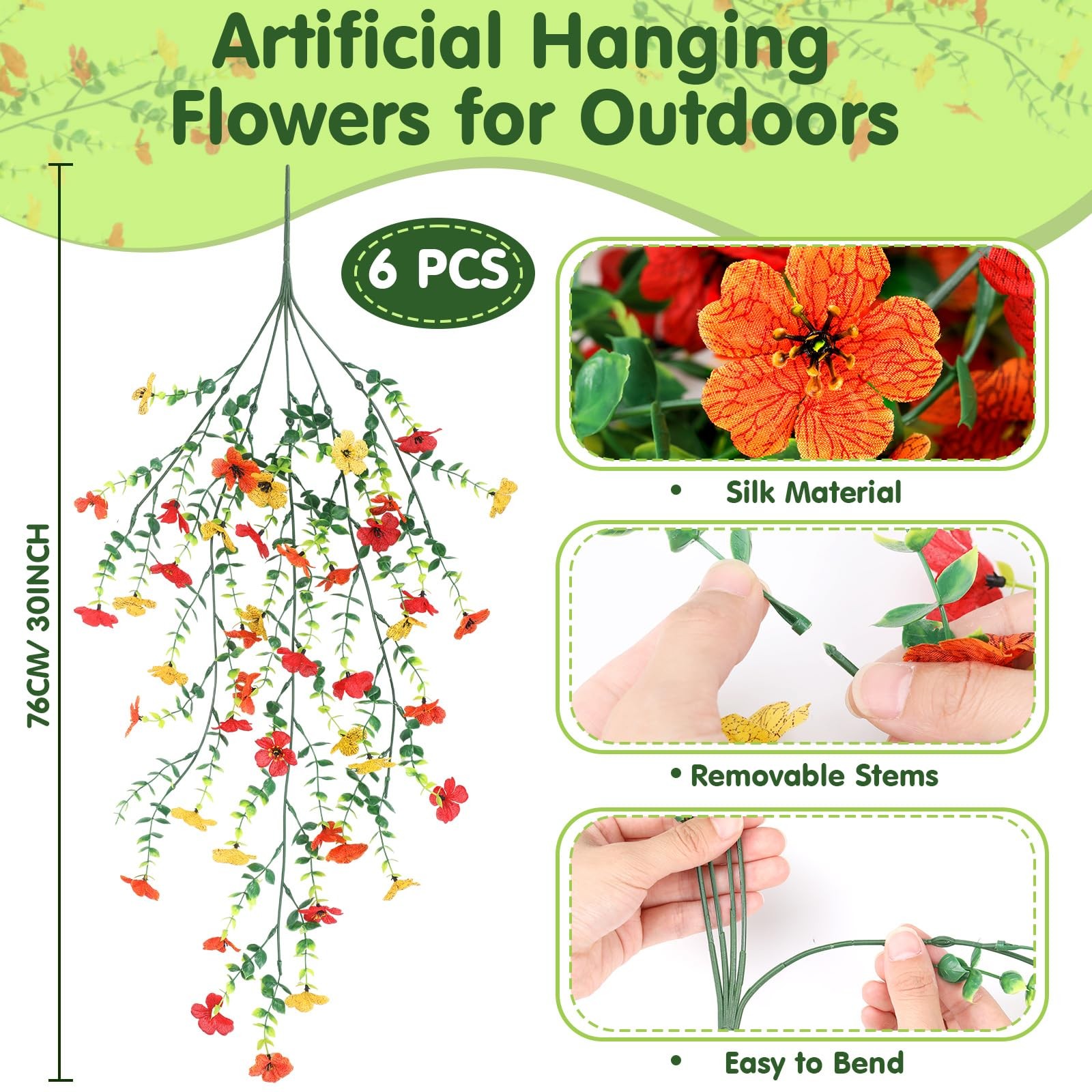 6 Pcs Fall Artificial Hanging Flowers Outdoor Faux Silk Mum Plant Decor Viole…
