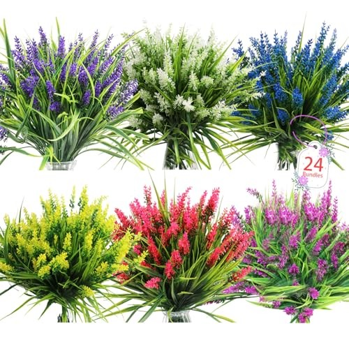 Artificial Flowers for Outdoors, 24 Bundles 6 Colors Fake 6 Colors Mixed