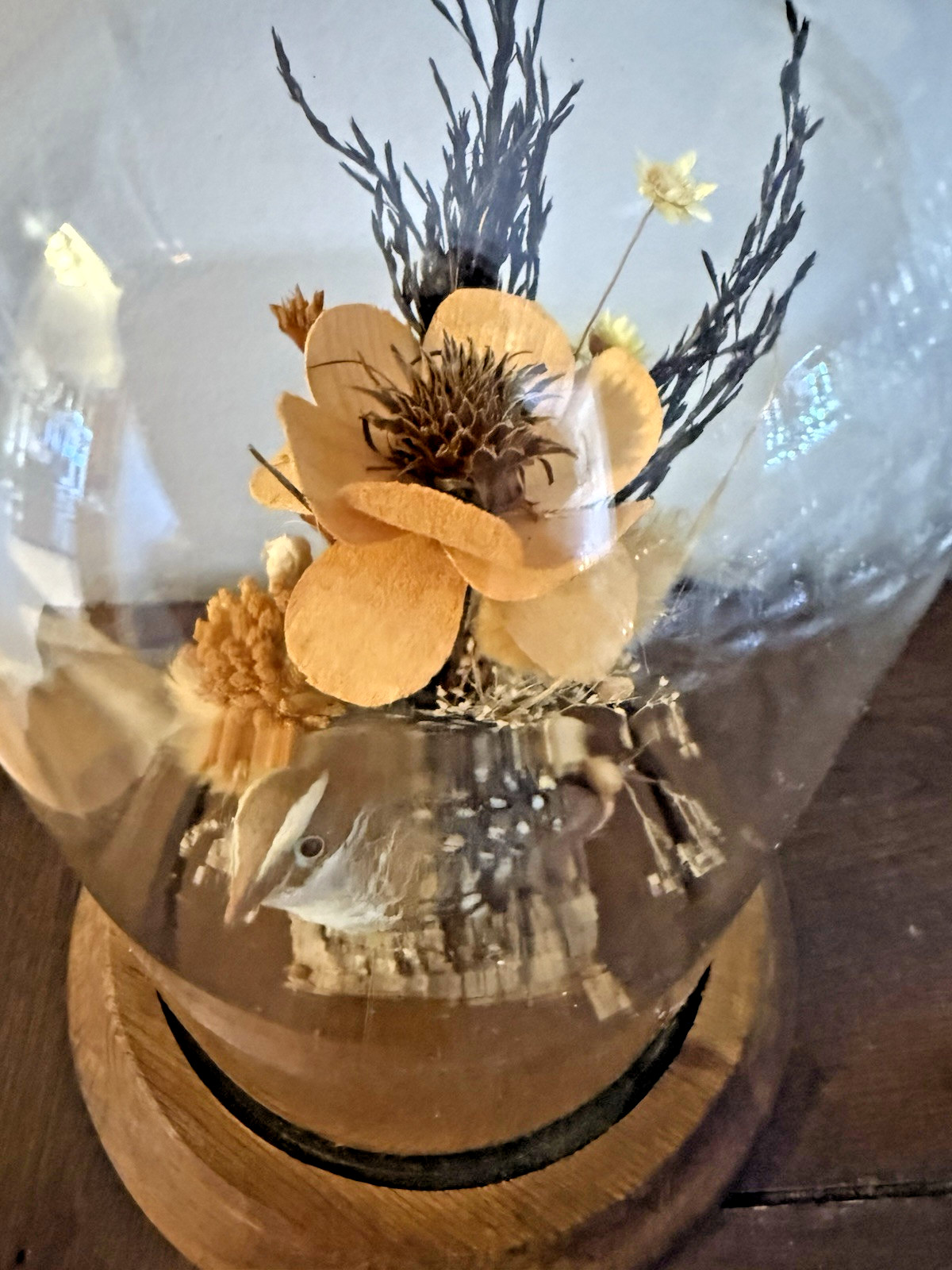 Vintage Hand Made Dried Floral & Bird Diorama / Terrarium Glass Dome Display