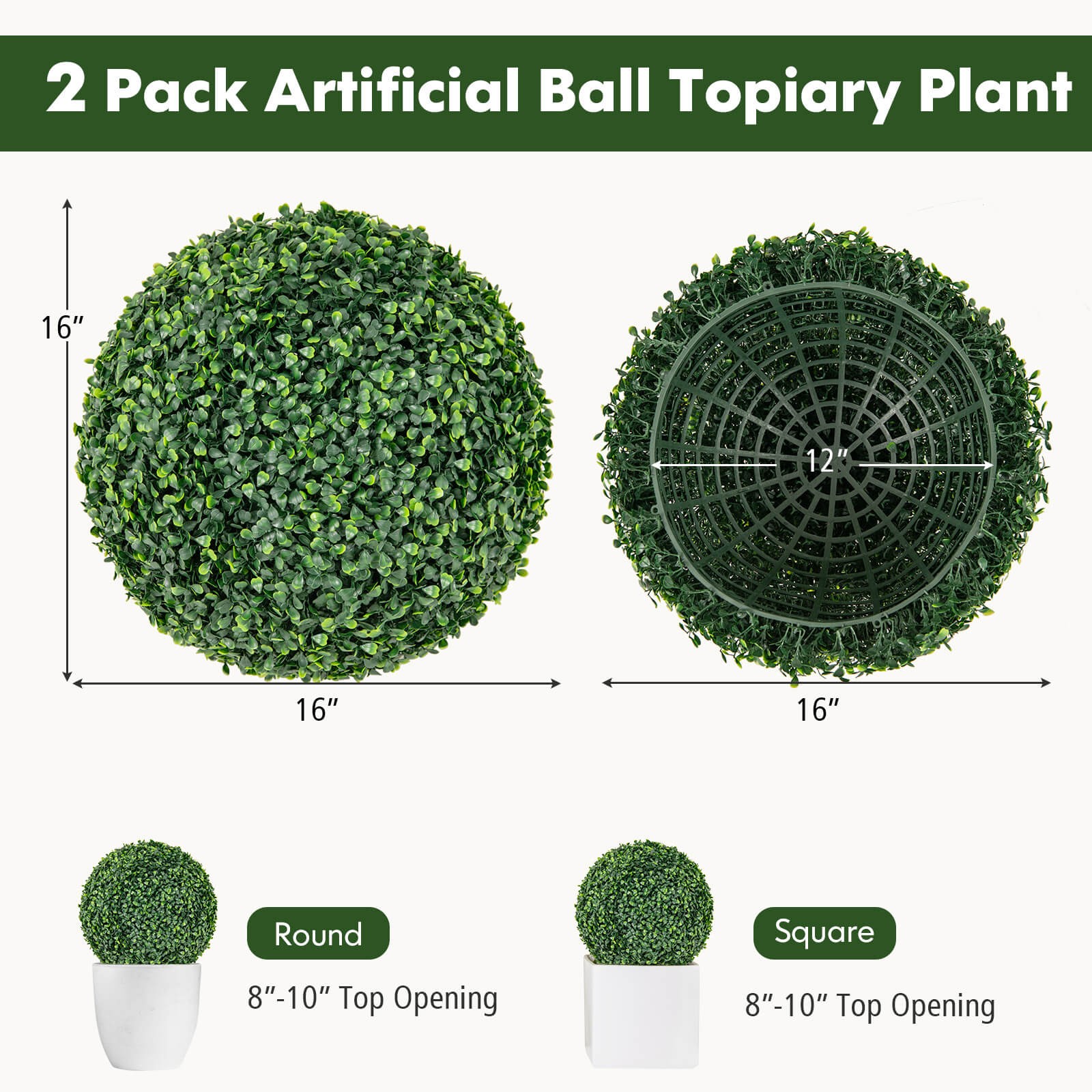 2 PCS 16″ Artificial Boxwood Topiary Balls Sun-protective Round Greenery Bushes