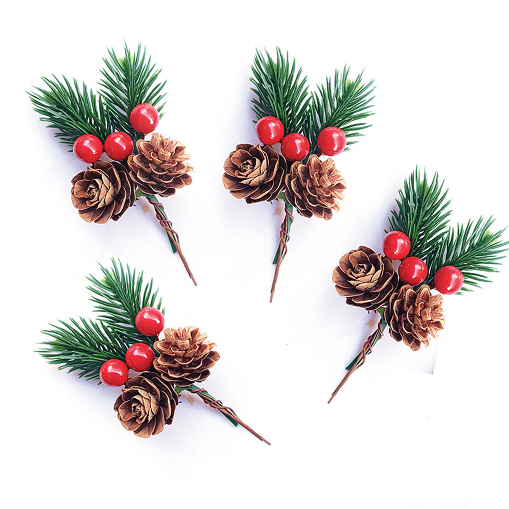 10pcs Red Christmas Berry Artificial Flower Pine Cone Branch Party Xmas Supplies