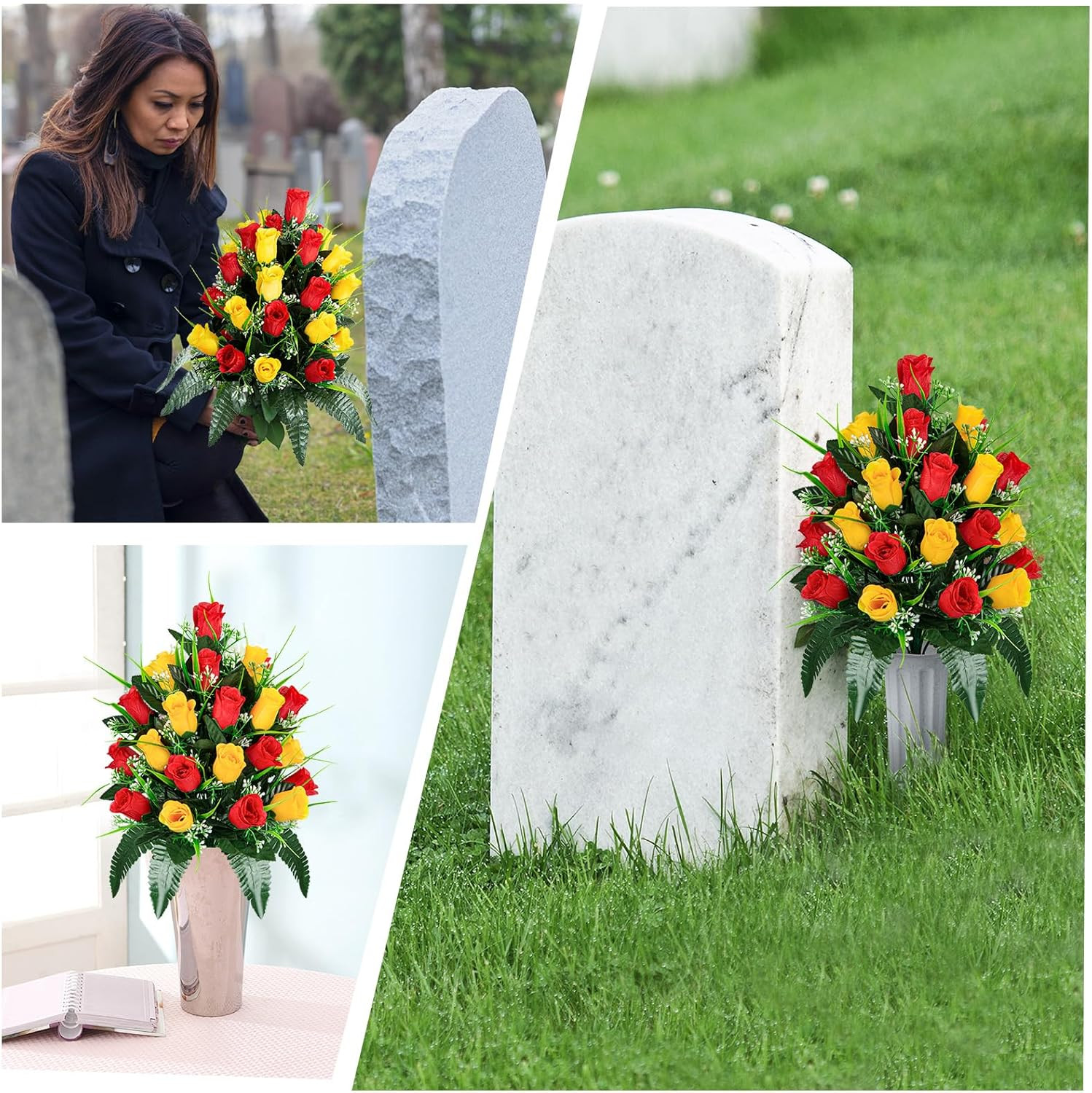 Artificial Cemetery Flowers – Set of 2 Grave Memorial Rose Flowers with Vase for
