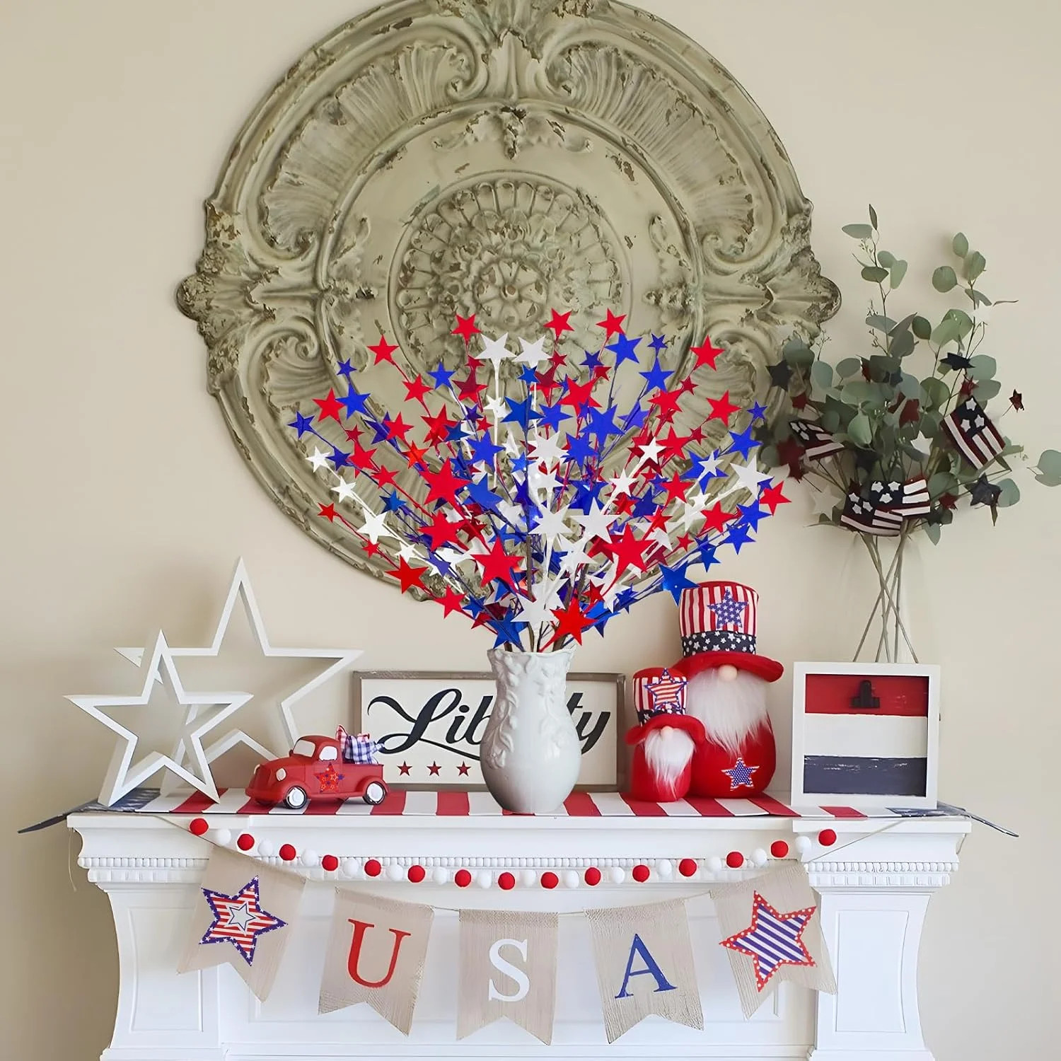 6 Pcs 4th of July Artificial Flowers 24″ Patriotic Berry Picks Faux Red White Bl