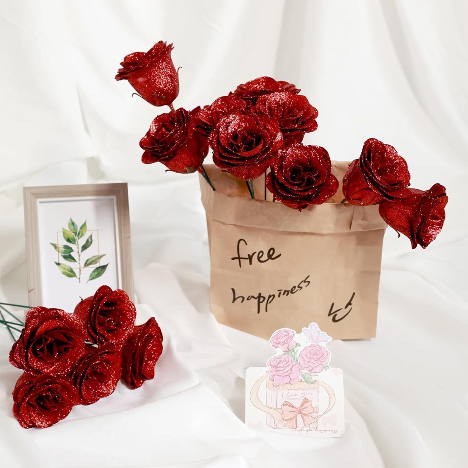 Red Glitter Roses Bouquet DIY Fake Flowers Bouquet Everlasting Shiny Artifici…