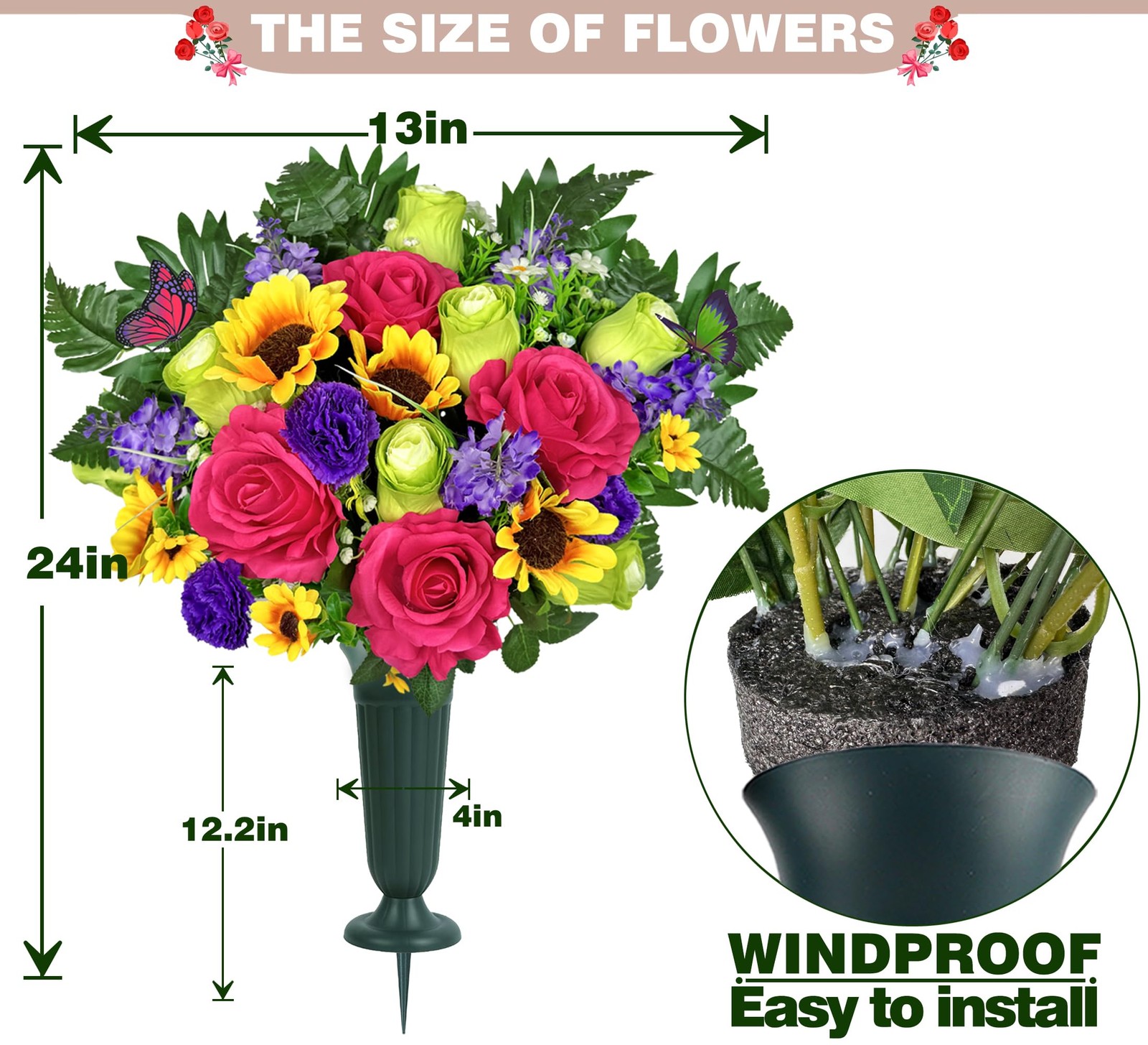 Grave Flowers Colorful Memorial Silk Bouquet With Vase Graveyard Decor 1 PCS