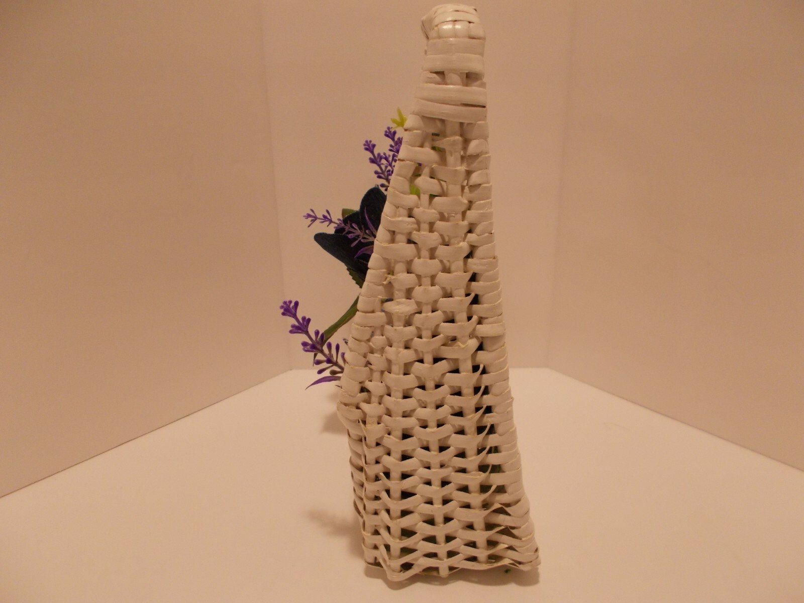 White Wicker Pocket Basket w Denim Roses Denim Zipper Flower w Faux Lavender