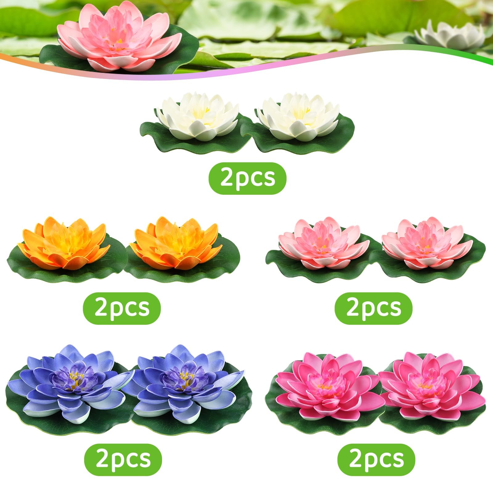 10PCS 3 Sizes Artificial Foam Lotus Floating Flowers with Water Lily Pad Orna…