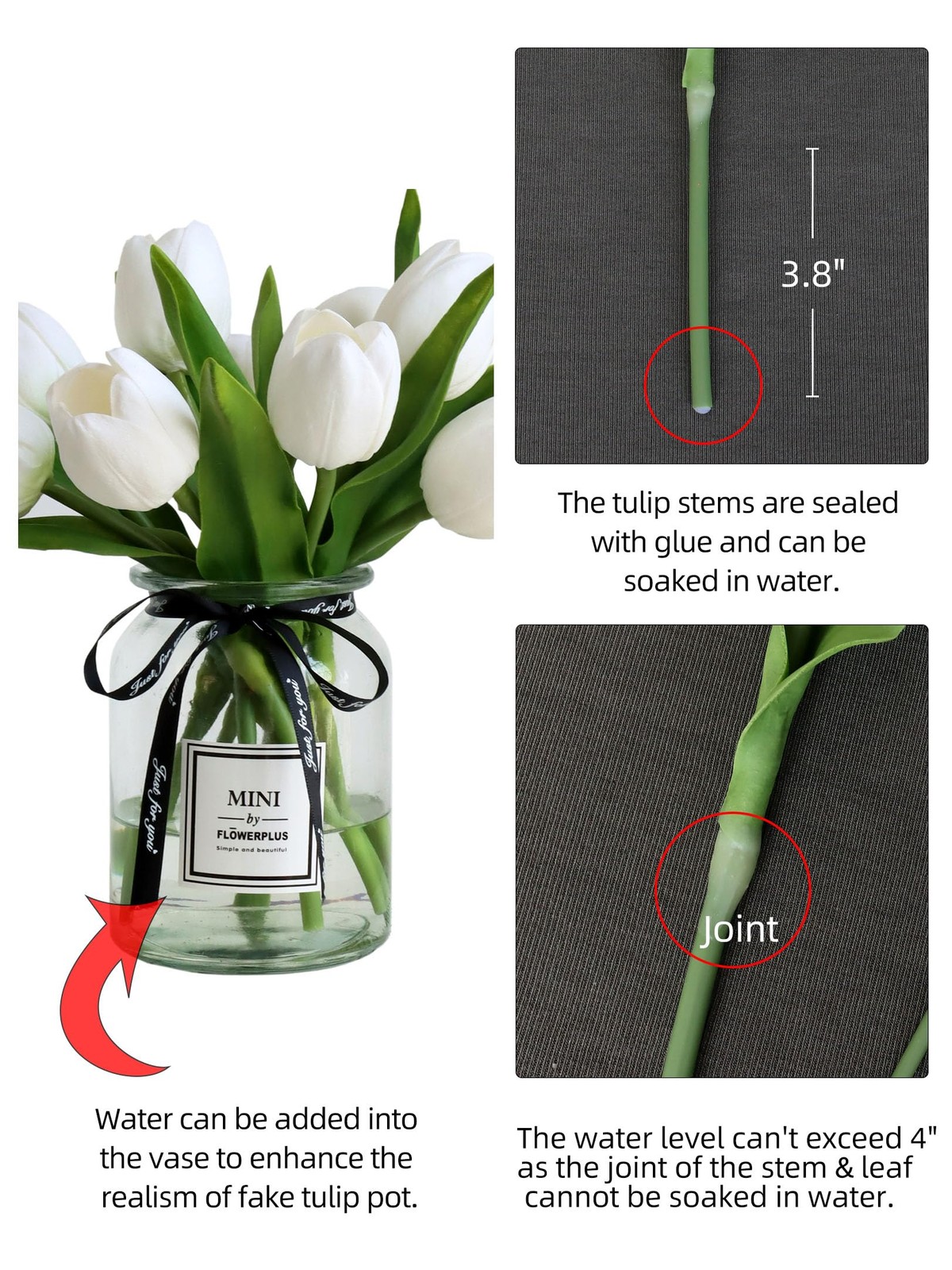 10 PCS Fake White Tulips Silk Artificial Flowers Real Touch Decor With Vase