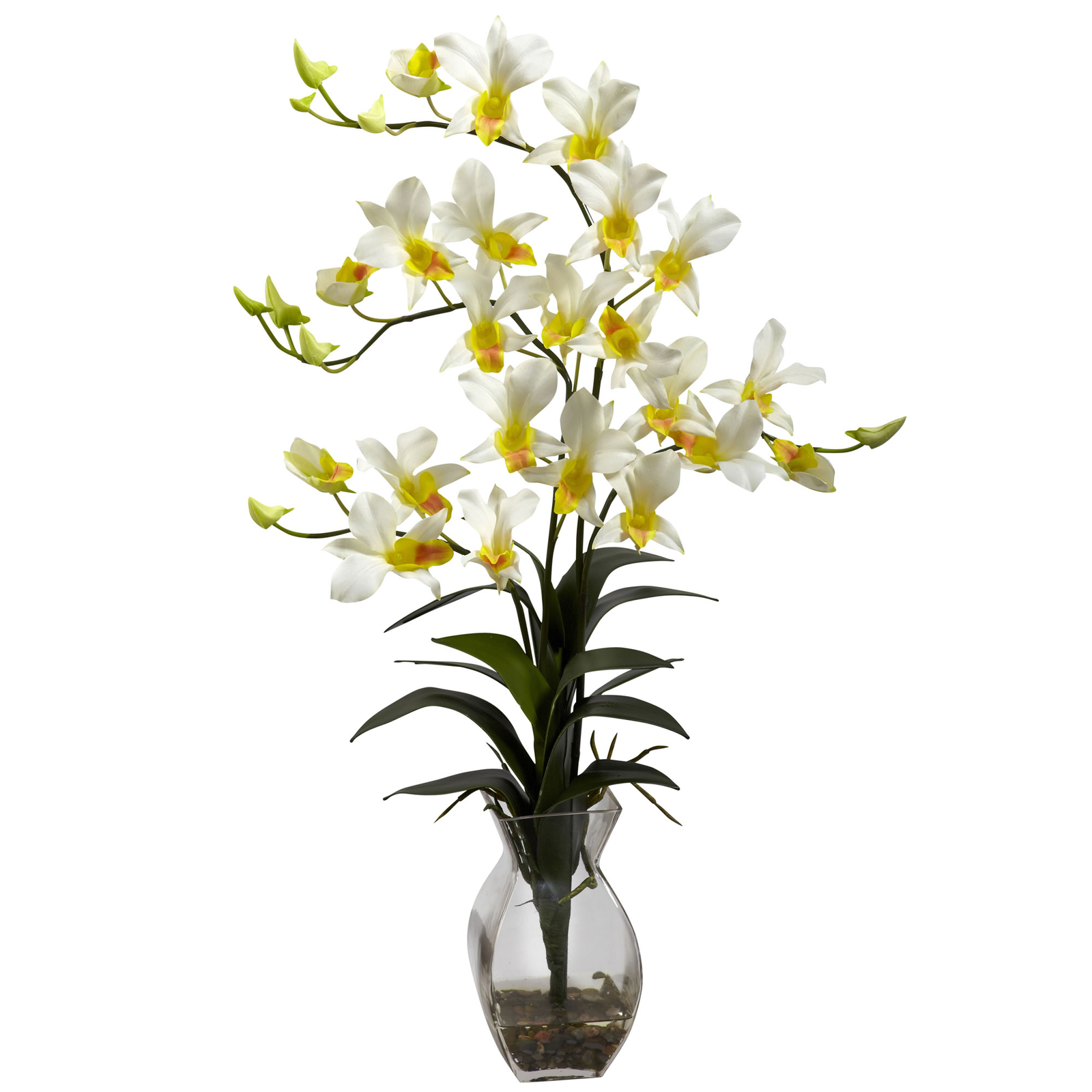 23″ Cream Dendrobium Orchid Faux Silk Glass Liquid Illusion Vase Floral Decor