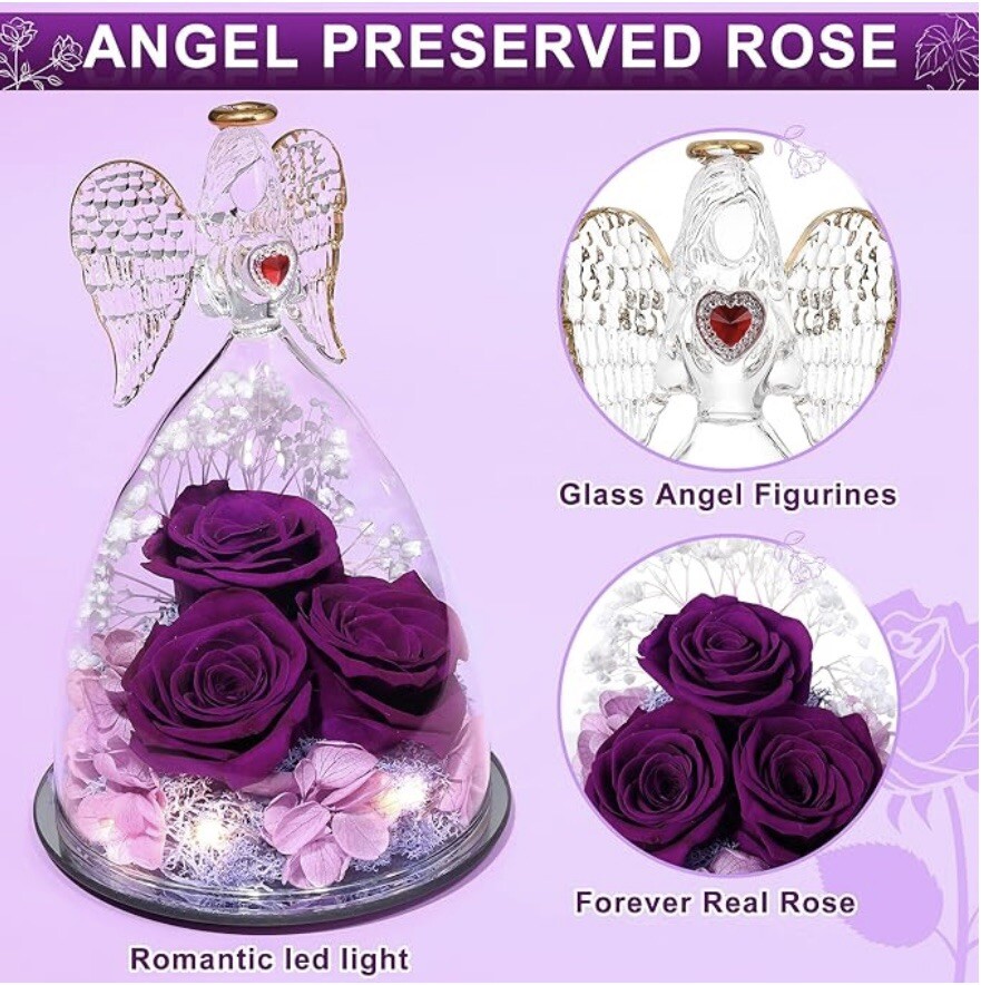 Preserved Flowers Gifts for Women, Mom Wife Grandma, Angel Figurine with Rose…