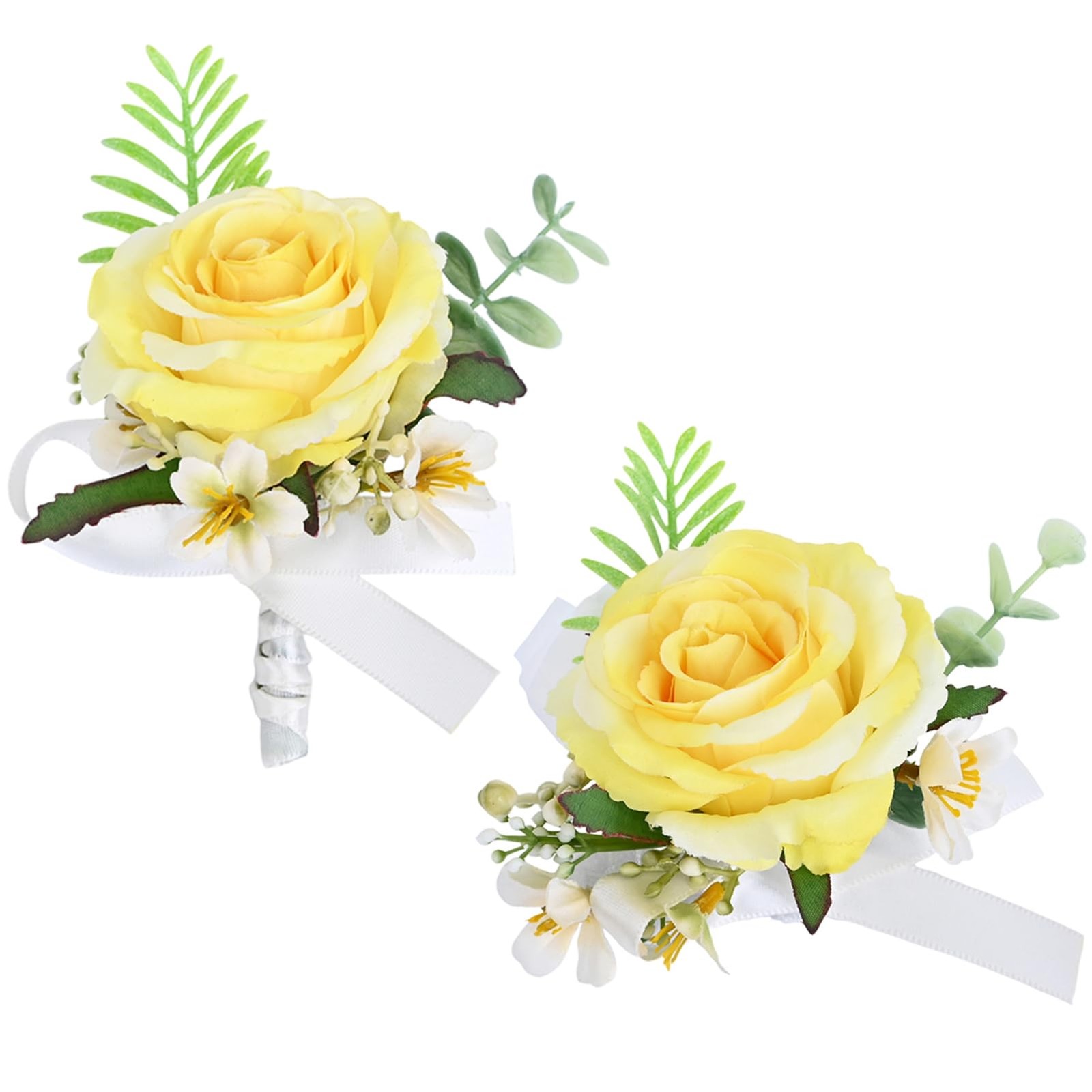 2 Pieces Artificial Flower Wrist Corsage and Boutonniere Set Yellow Wedding