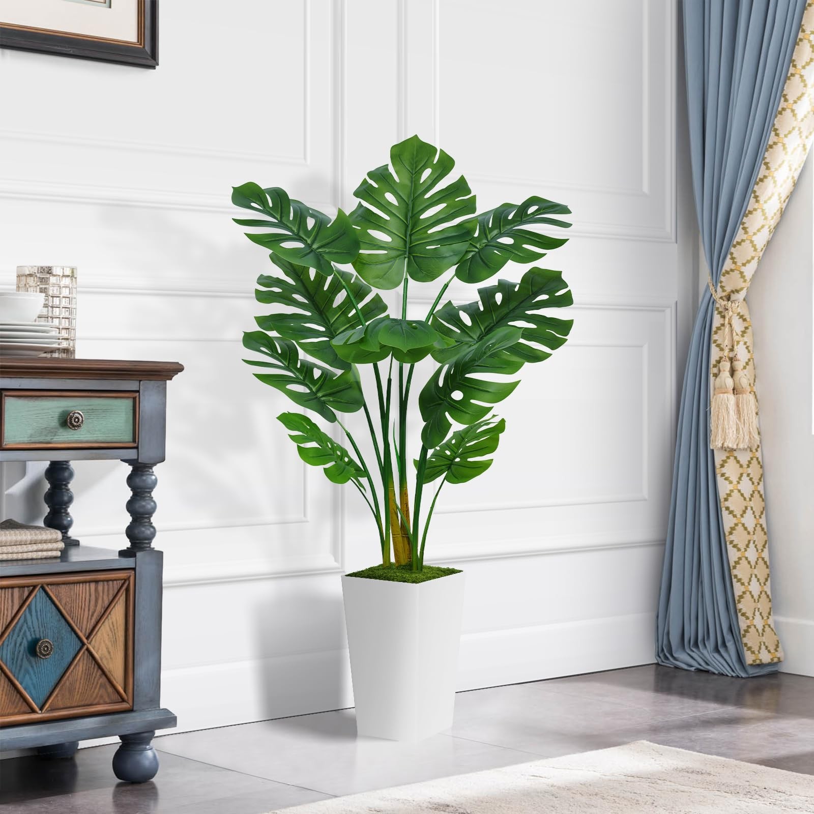 Artificial Monstera Deliciosa Plant 5FT Faux Tropical Palm Tree with White T…