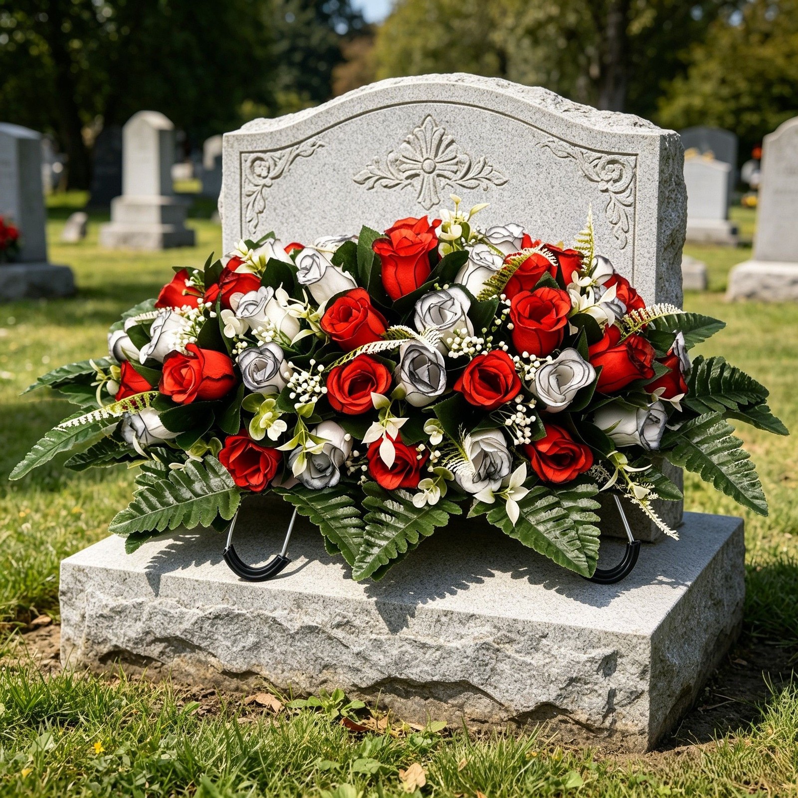 Flat Grave Marker Saddle Flower with Sturdy Metal Hooks and Silk Roses
