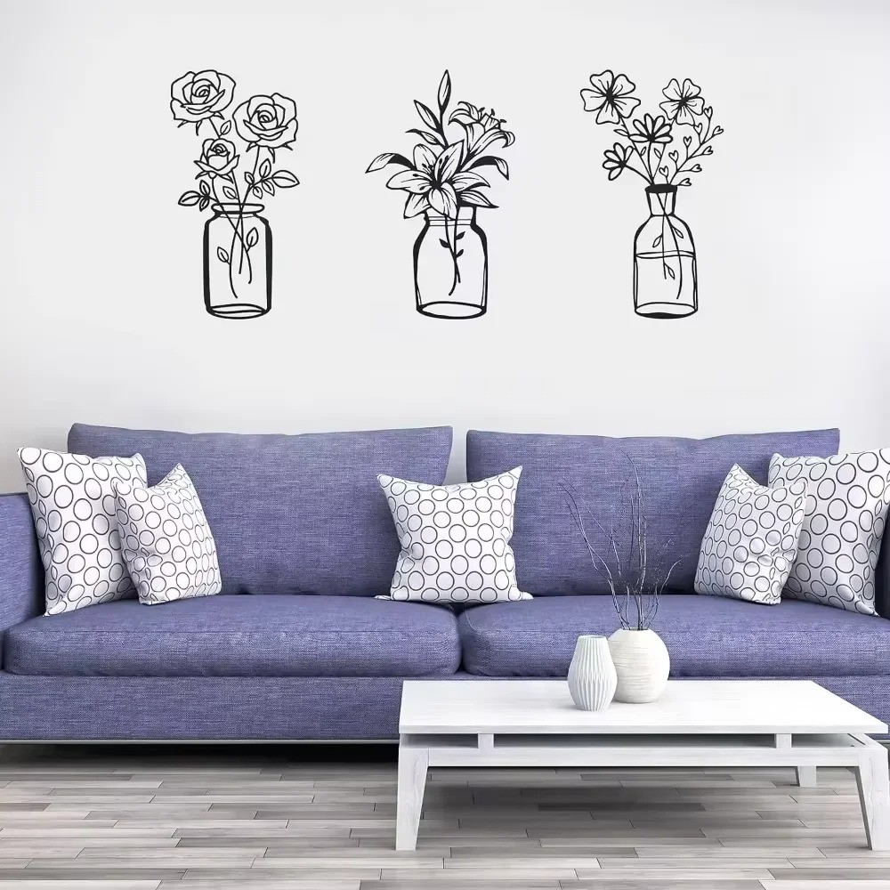 3-Piece Metal Tulip Wire Art Minimalist Home Decor, Stylish Graceful Room Design