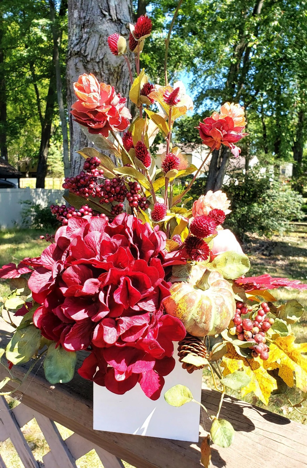 Fall Floral Arrangement, Burgundy Red Hydrangea Pumpkin Decor