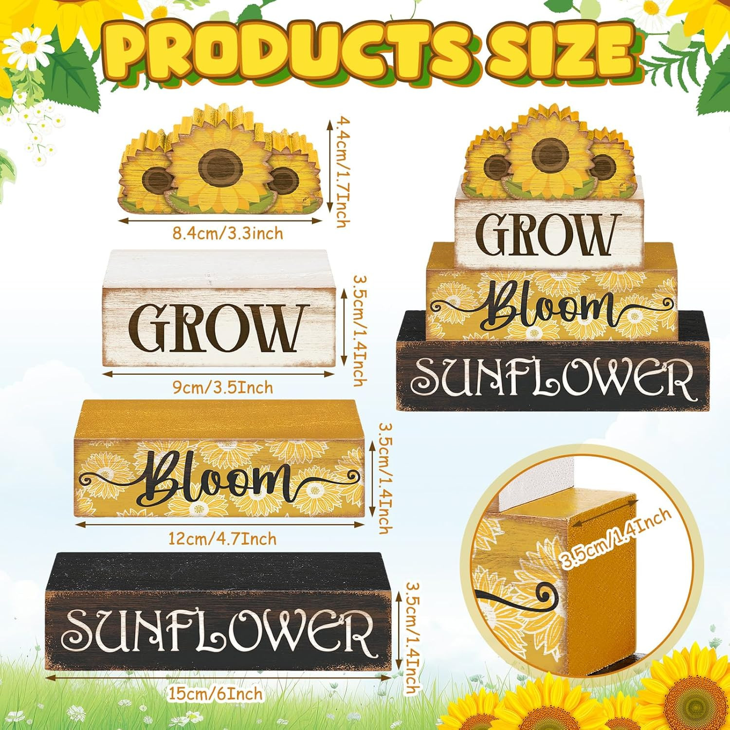 Sunflower Tiered Tray Decor Set Summer Wooden Sign Book Stack 4pc