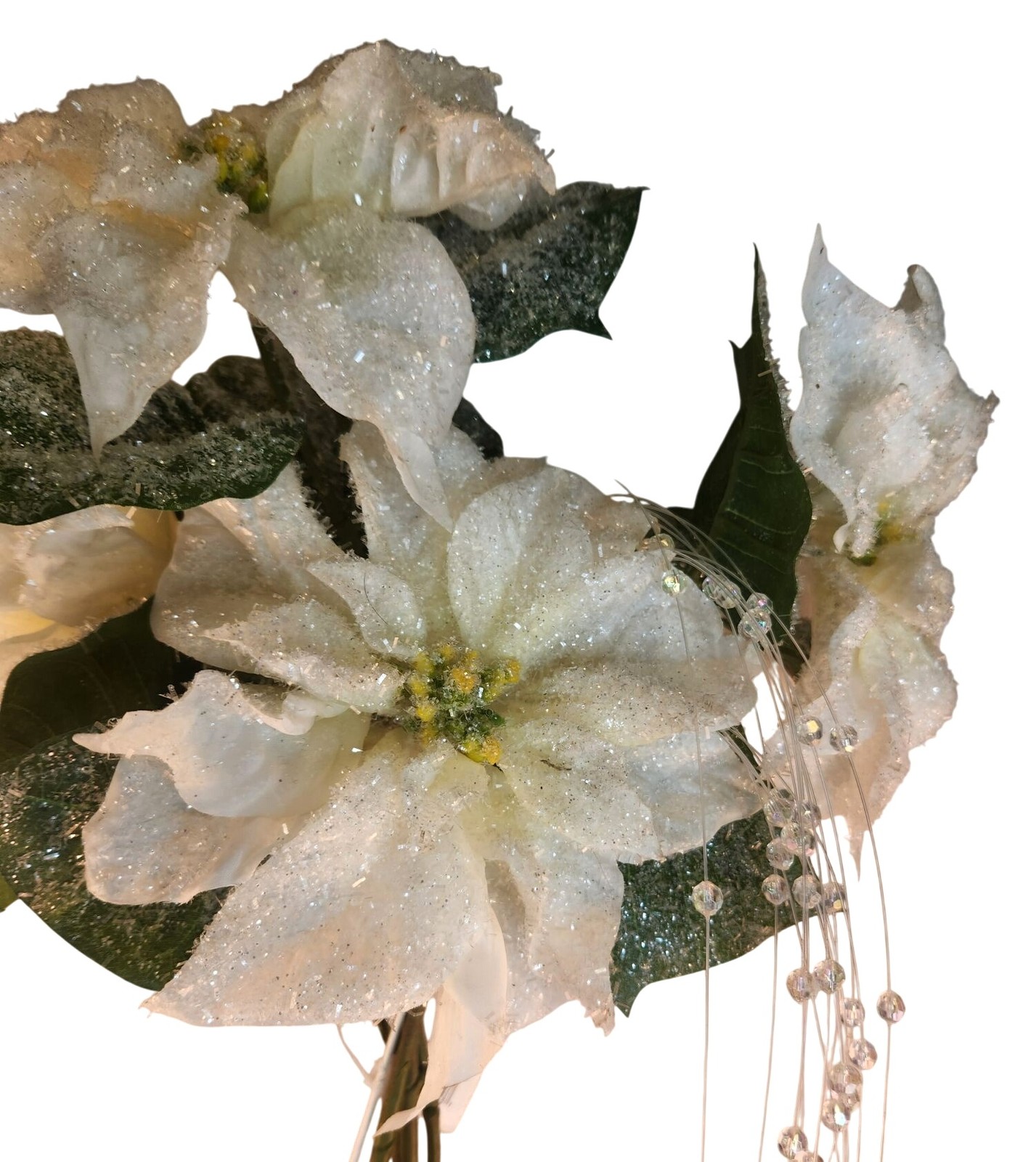 White Glitter Poinsettia Artificial Flowers With Crystal Bead Accents 4 Stems &
