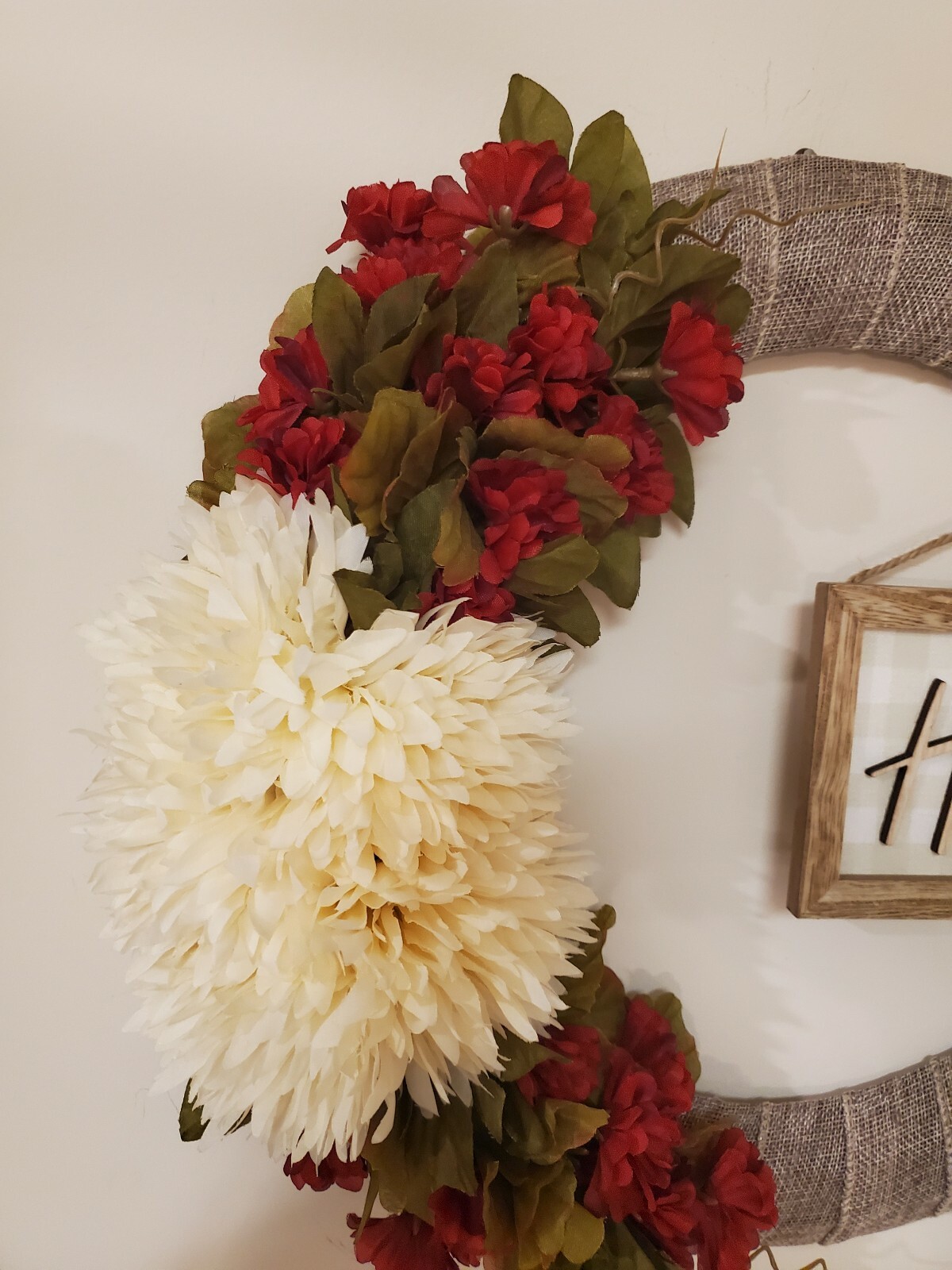 HARVEST fall FLOWER chrysanthemum mums red burlap WREATH autumn Decor Front Door