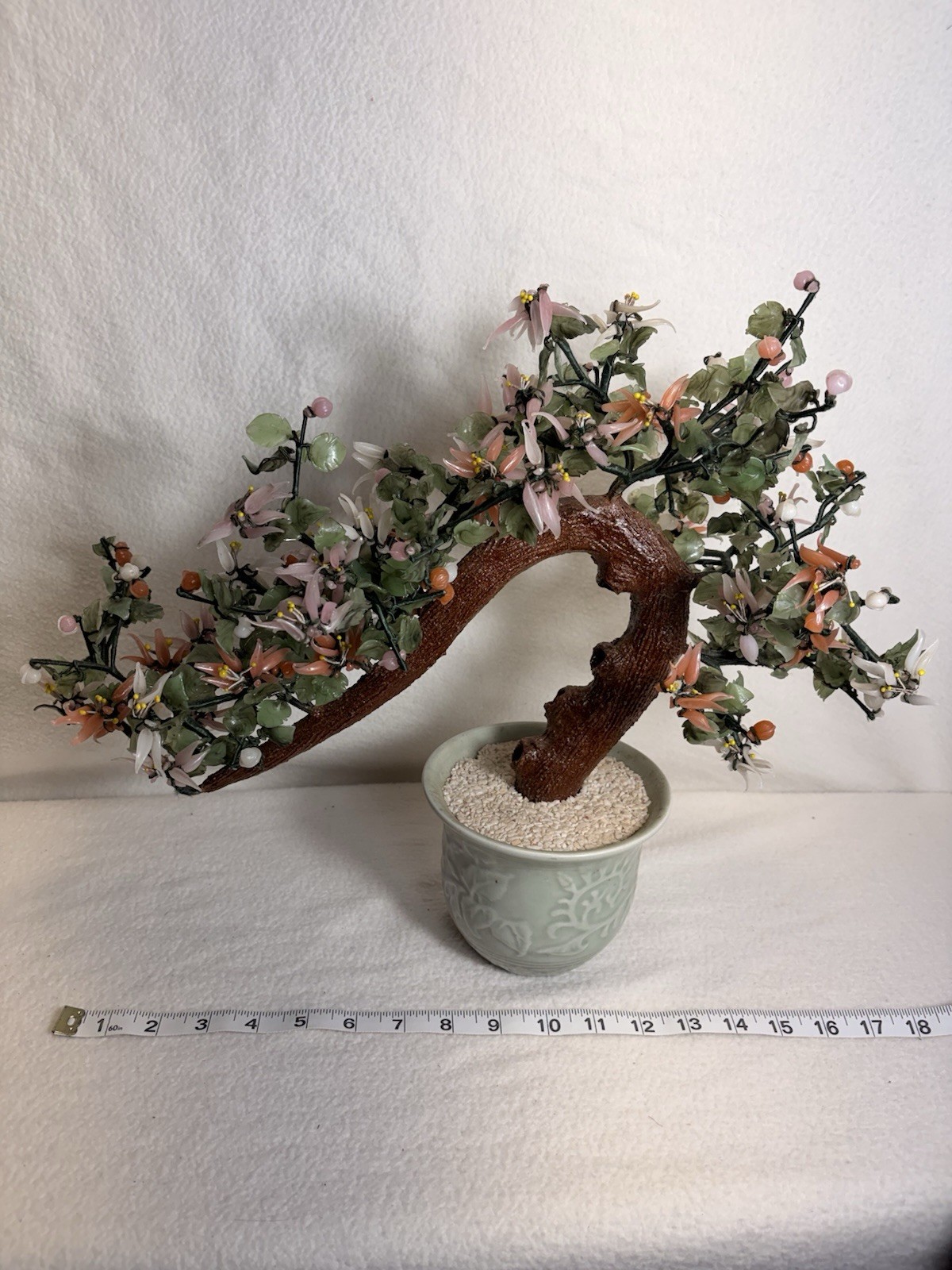 Large Vintage Jade Bonsai Flower Tree in Ceramic Pot Green Pink Faux Plant