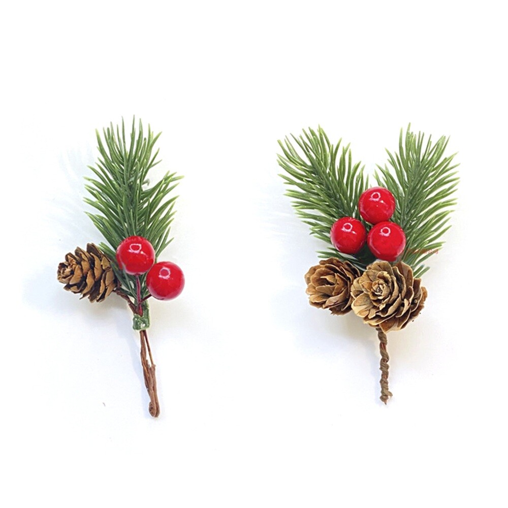 10Pcs Christmas Artificial Pine Branches with Leaves Red Holly Berries Craft DIY