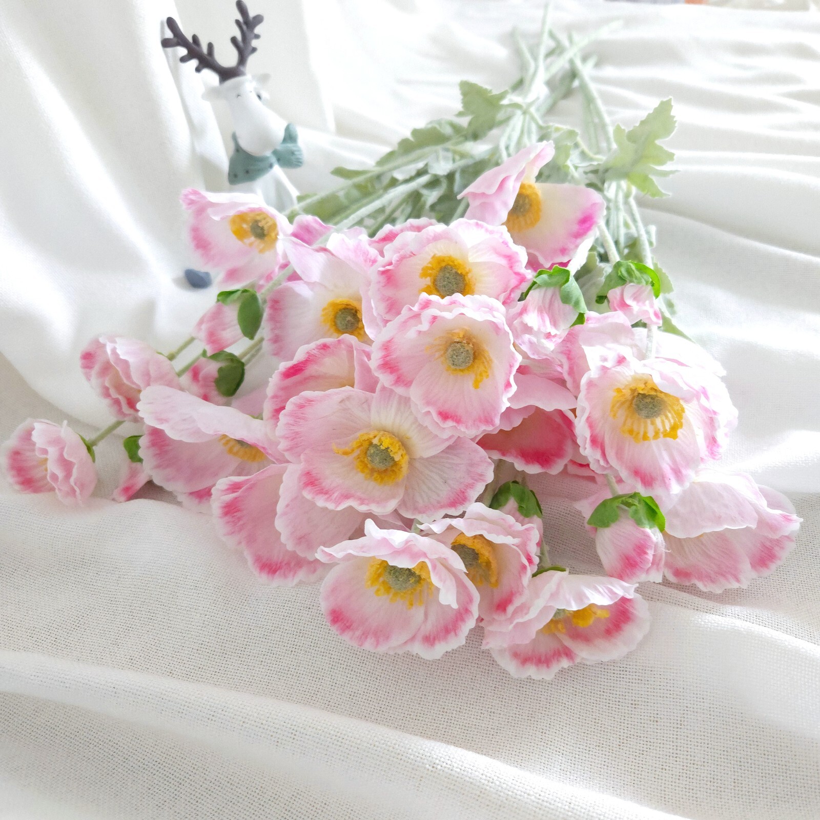 6-Piece Artificial Poppy Bouquet – Realistic silk frost 25.2”pink white
