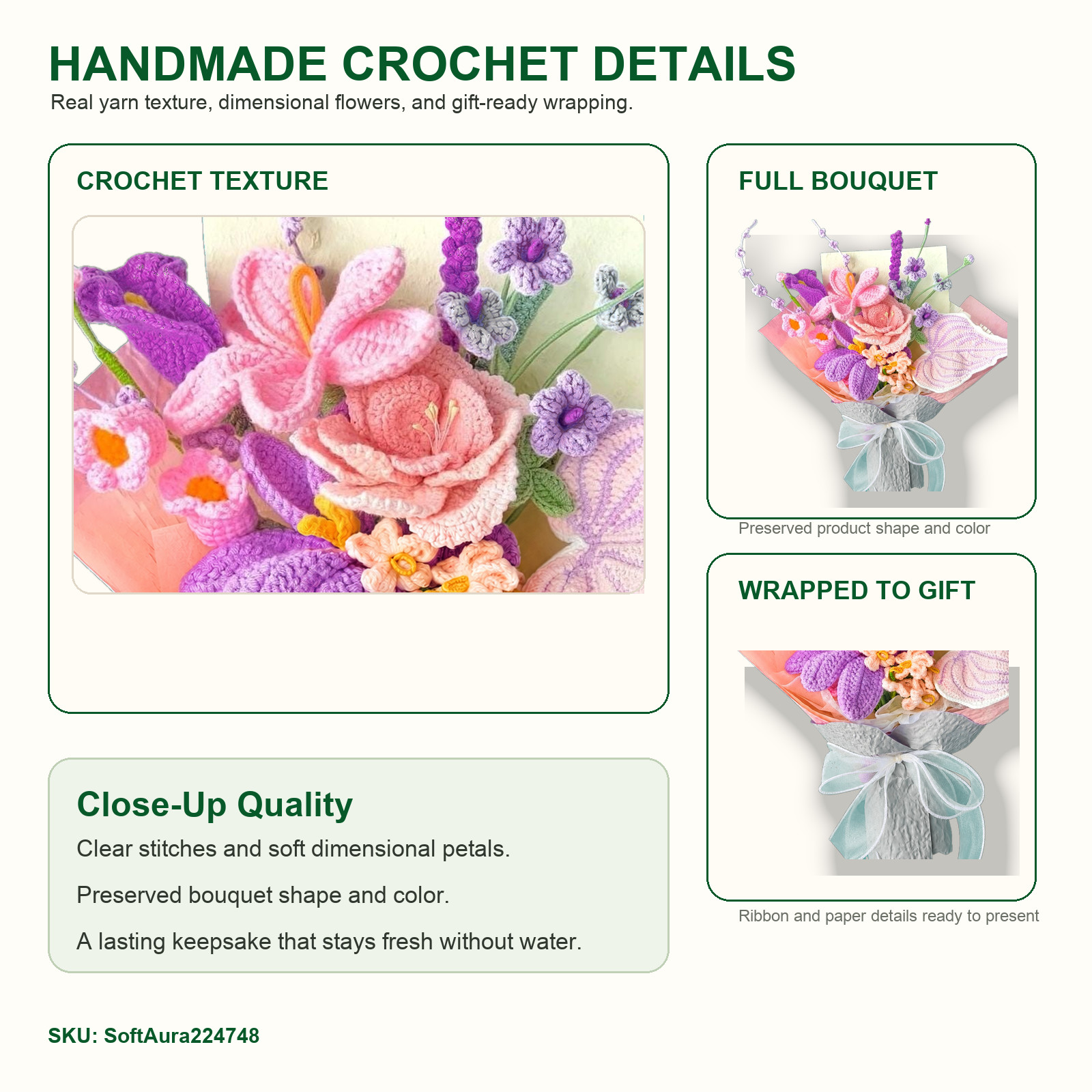 Pink Purple Crochet Flower Bouquet Birthday Thank You Gift for Her
